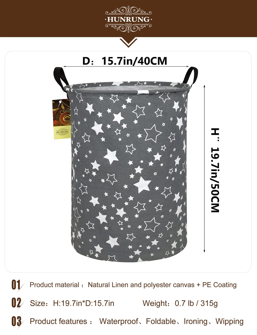 Hunrung Laundry Hamper,Large Canvas Fabric Lightweight Storage Basket Toy Organizer Dirty Clothes Collapsible Waterproof For College Dorms, Children Bedroom,Bathroom(Round Star)