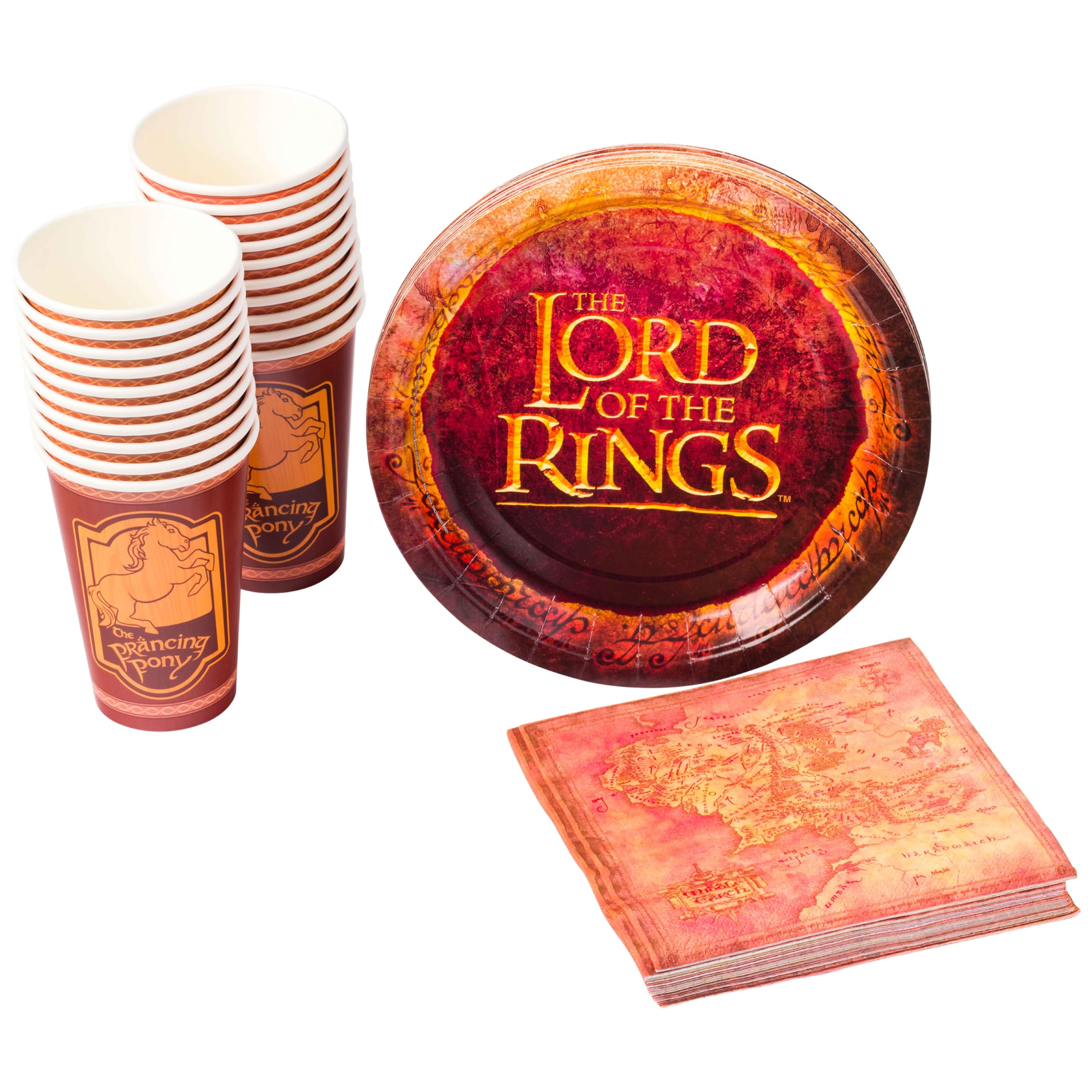 Silver Buffalo Lord of the Rings Map Pony Paper Plates Cups Napkins Party Pack Set, 60 Piece