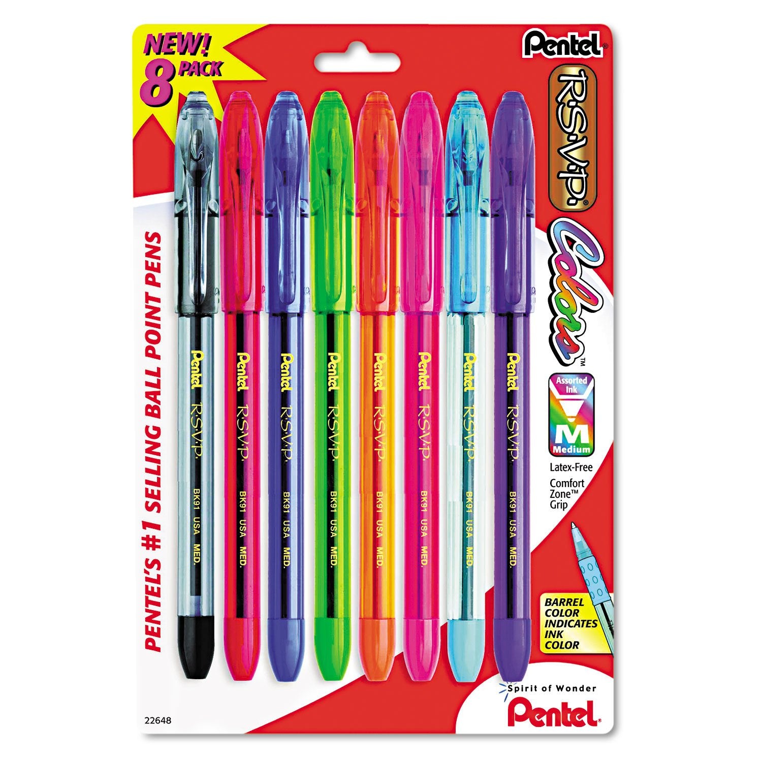 Pentel Bk91Crbp8M R.S.V.P. Stick Ballpoint Pen, 1Mm, Assorted Barrel, Assorted Ink, 8/Set