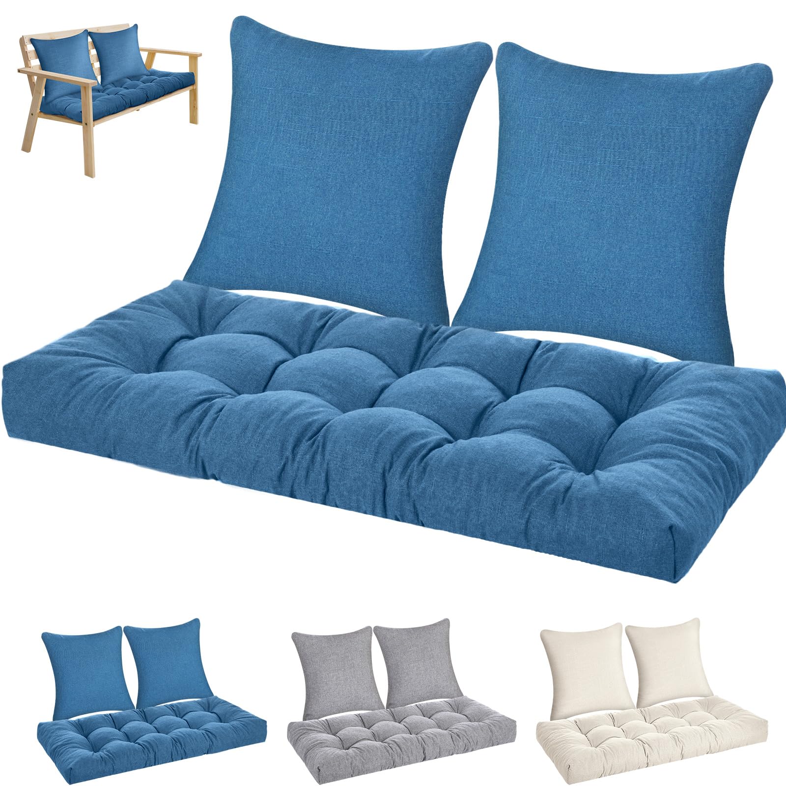 Wenqik 3 Pcs Outdoor Bench Cushion Set 44X19 In Waterproof Tufted Patio Cushion Loveseat Seat Pad With 2 Throw Pillows Memory Fo