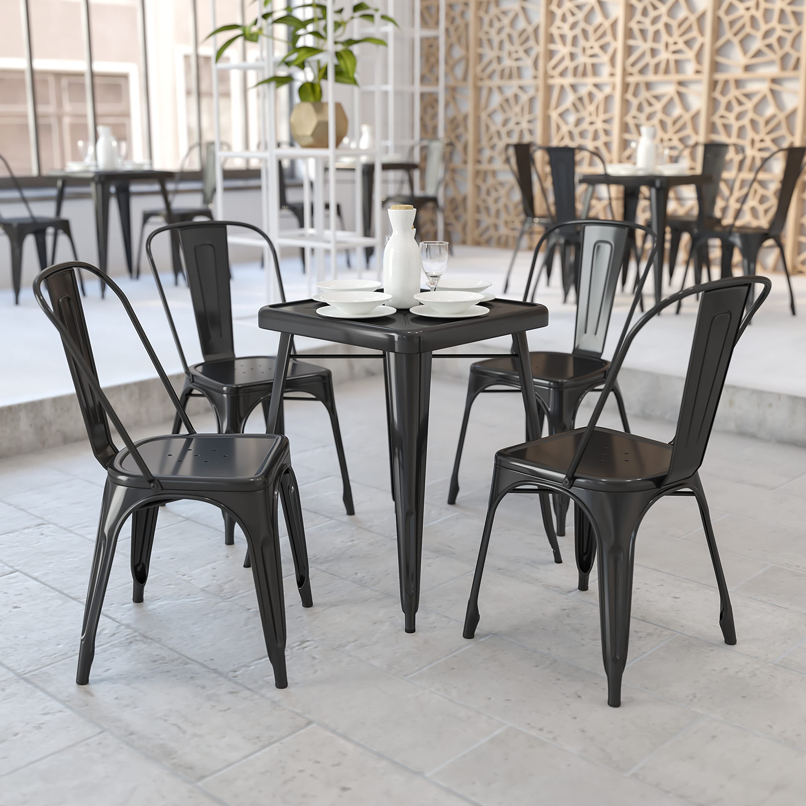 Flash Furniture Commercial Grade 23.75&quot; Square Black Metal Indoor-Outdoor Table Set With 2 Stack Chairs