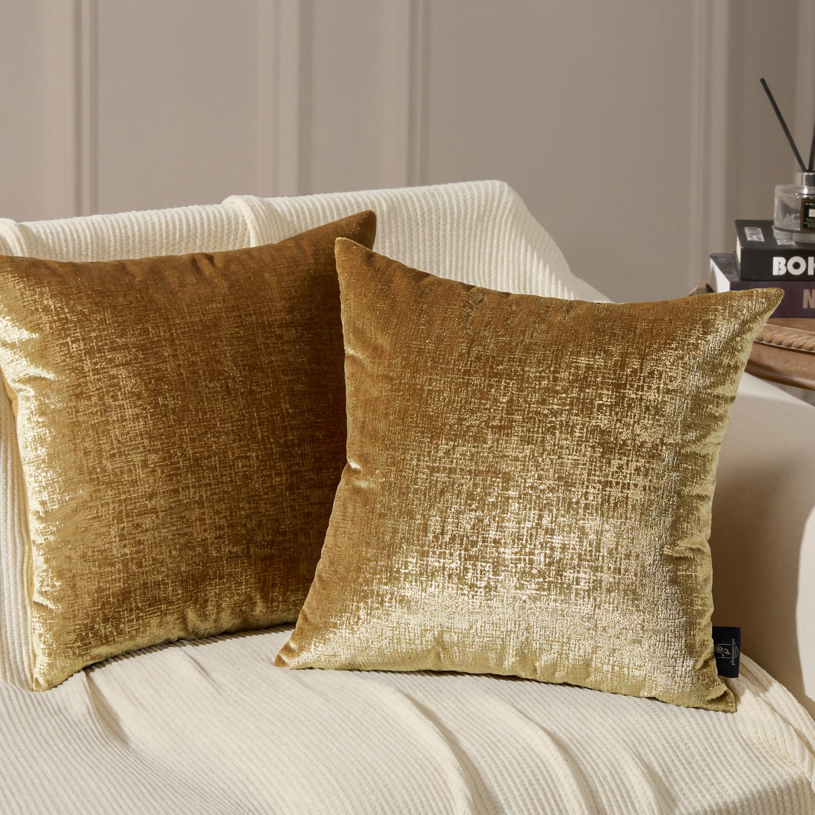 Phantoscope Pack Of 2 Sparkling Velvet Decorative Solid Throw Decorative Pillow Cover Soft Gold Glitter Square Cushion Cover Pil