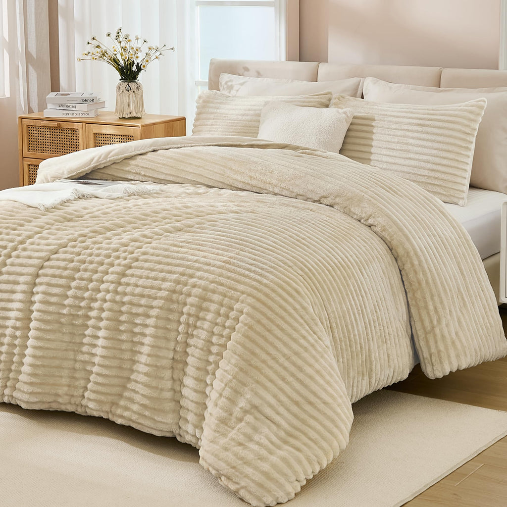 Andency Fleece King Comforter Set, 3 Pieces Beige Comforter Set for King Size Bed, Soft Warm Fluffy Fuzzy Cream Bedding Set for 