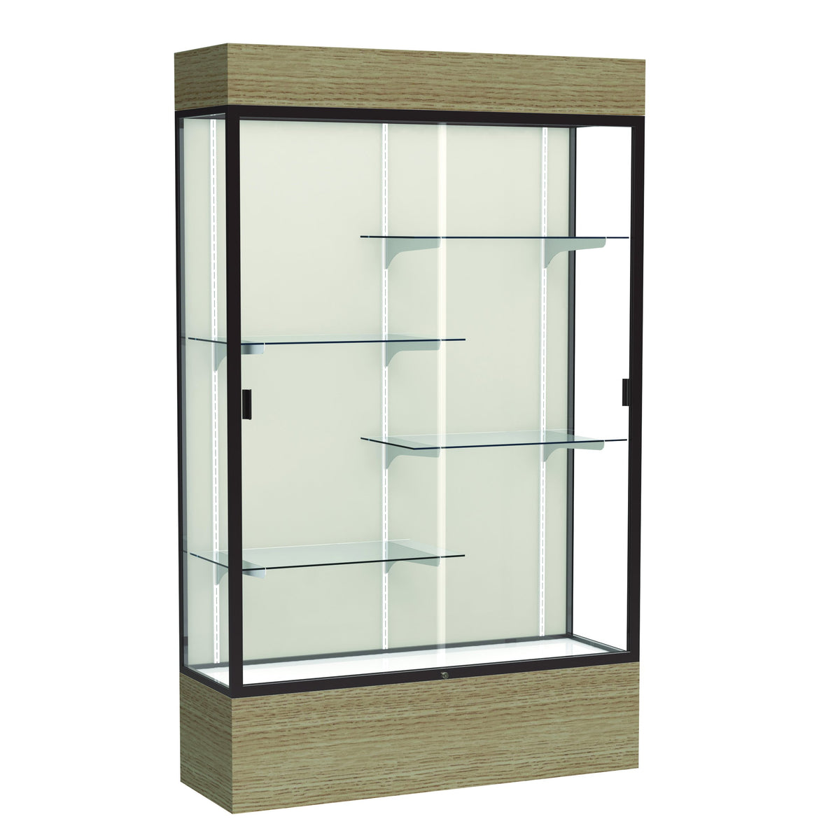 Waddell 48&quot; W X 80&quot; H X 16&quot; D Lighted, Plaque Back, Dk Finish, Oak Base Reliant Floor Display Case, 48&quot;X80&quot;X16&quot;, Driftwood/Dark Bronze