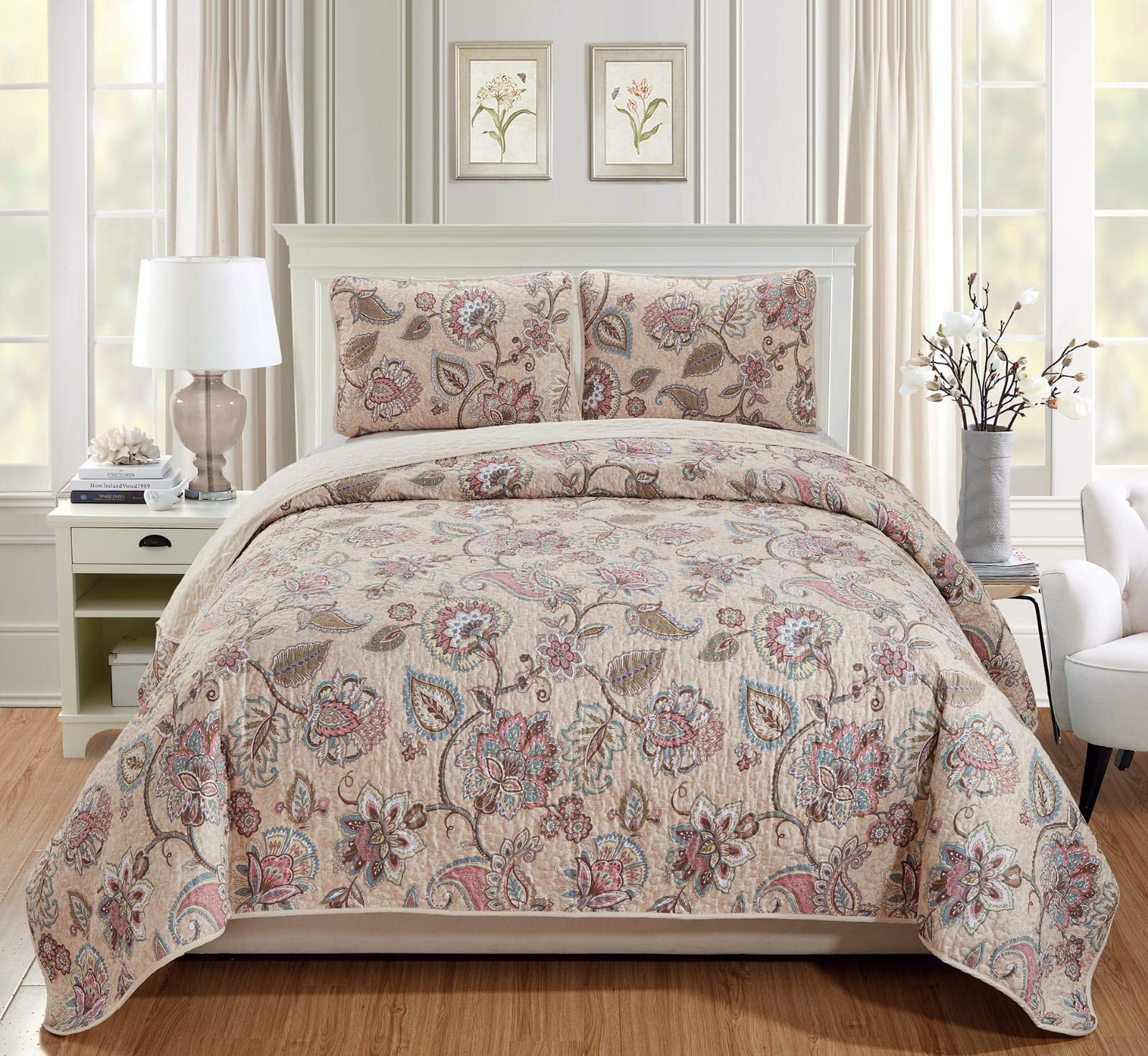 Luxury Home Collection 3 Piece King/Cal King Quilted Reversible Coverlet Bedspread Set Floral Printed Beige Pink Blue #Hilton (K
