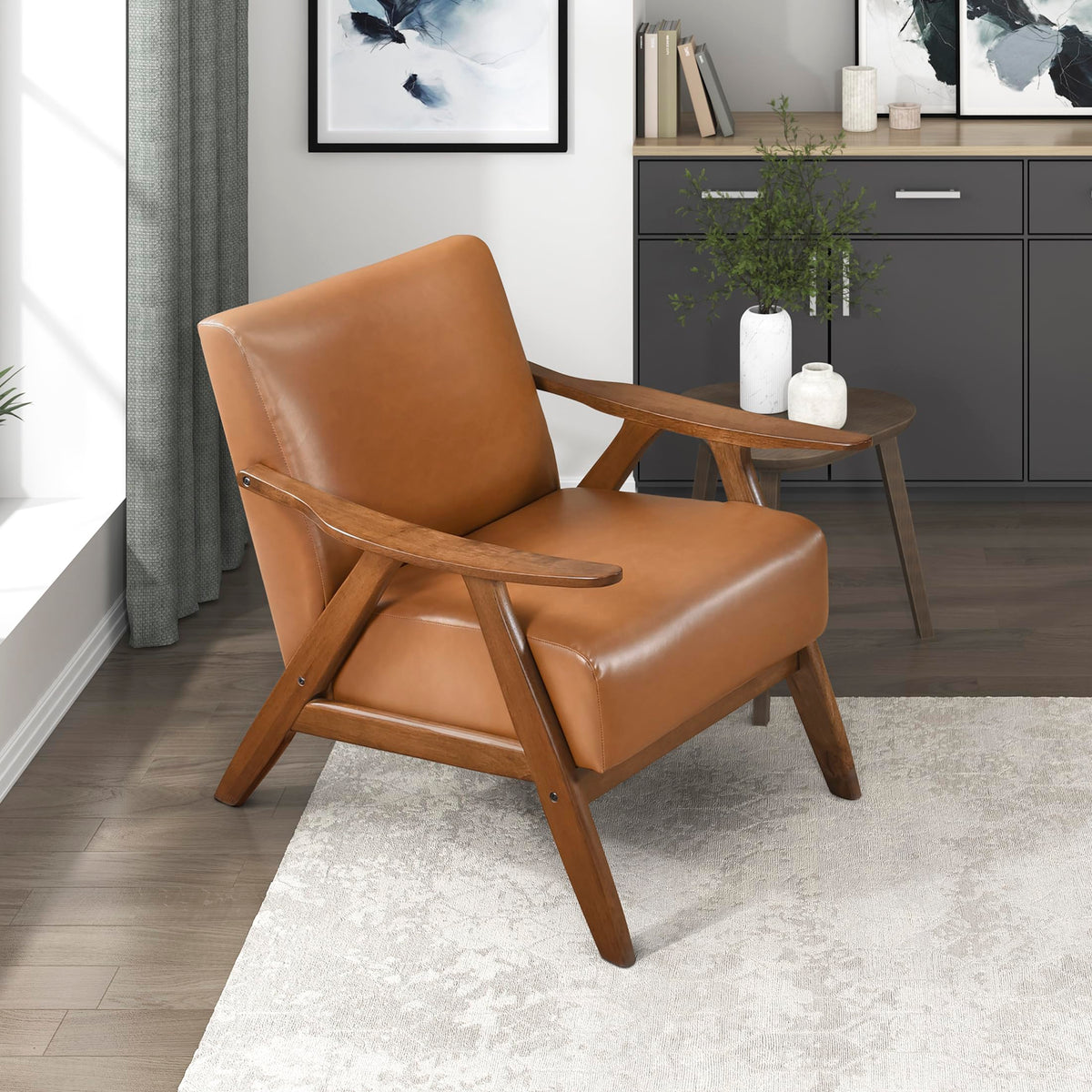 Lexicon Mid Century Modern Accent Chair With Solid Wood Frame In Walnut Finish, Faux Leather Living Room Lounge Arm Chair, Thick