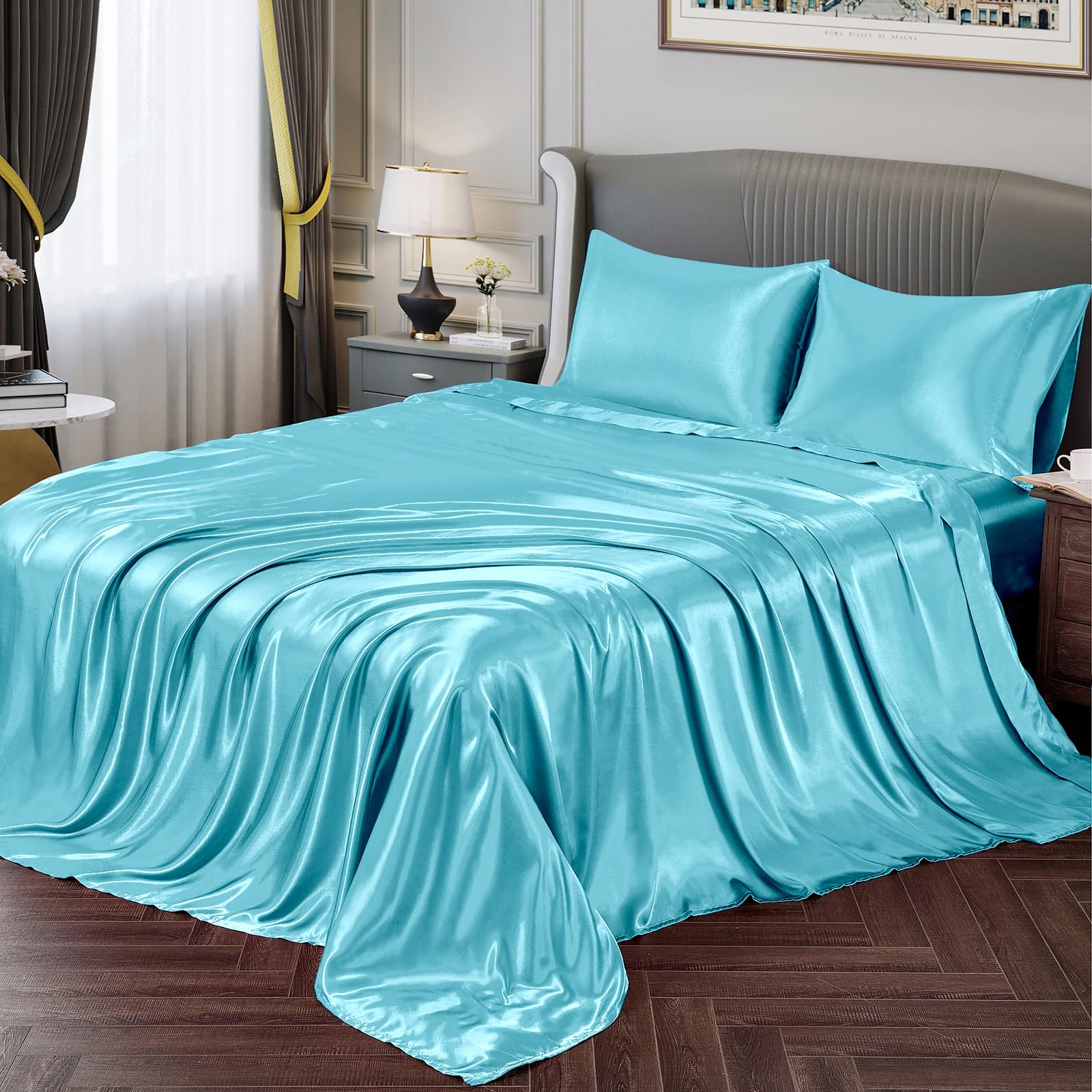 Vonty Satin Sheets Full Size Silky Soft Satin Bed Sheets Sky Blue Satin Sheet Set, 1 Deep Pocket Fitted Sheet + 1 Flat Sheet + 2