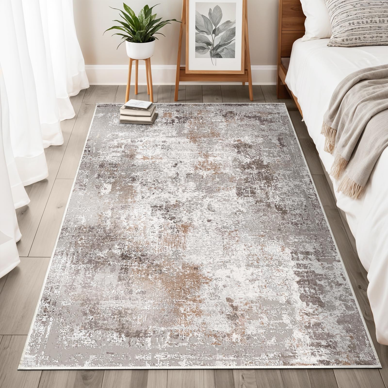 4x6 Washable Non-Slip Rug - Small Modern Neutral Abstract Area Rug for Living Room Bedroom Entryway Kitchen Office - Soft Low Pi
