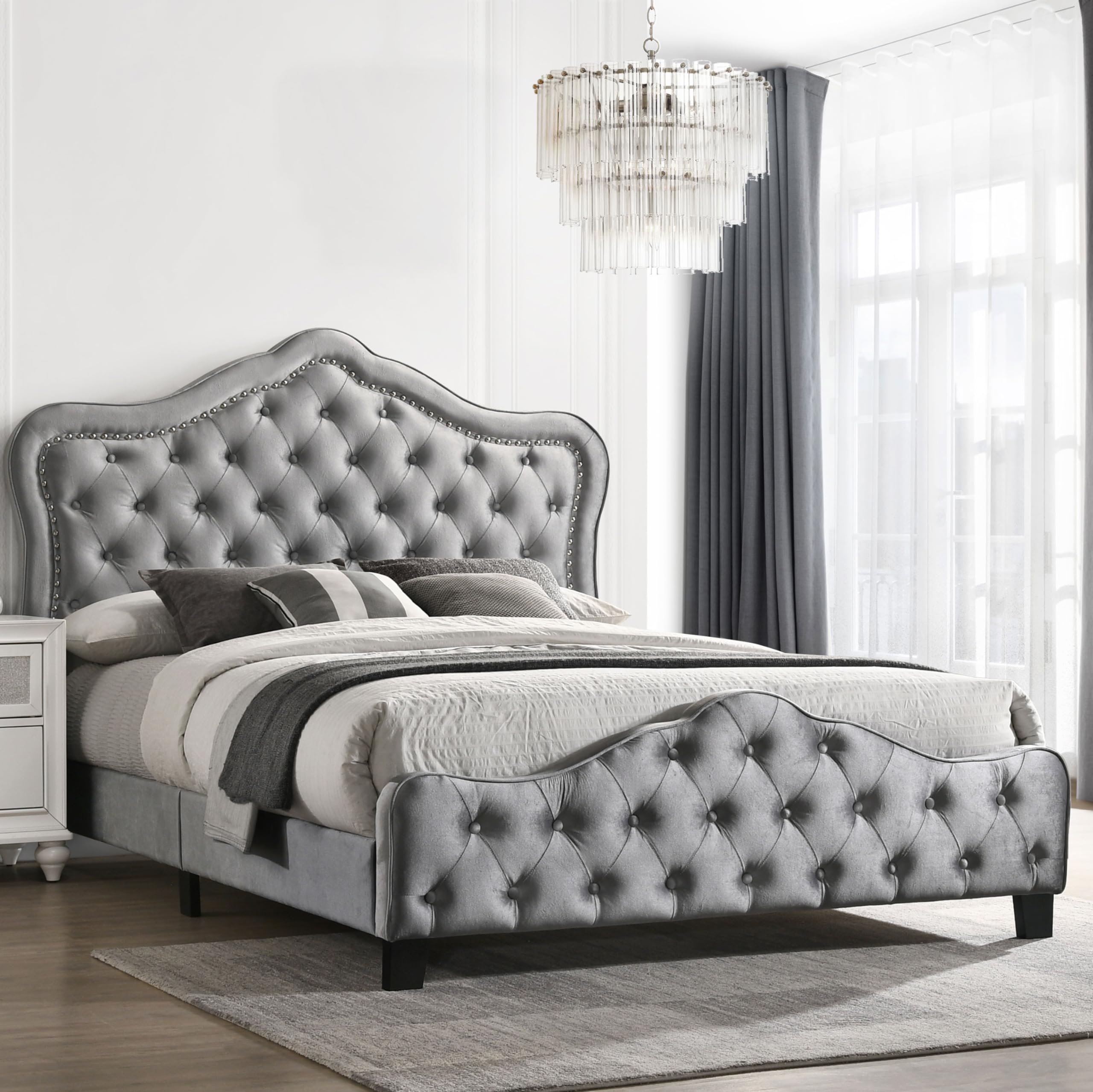 Coaster Home Furnishings Bella Modern Classic Velvet Upholstered Queen Size Panel Bed Frame 55-inch Headboard Grey 315871Q