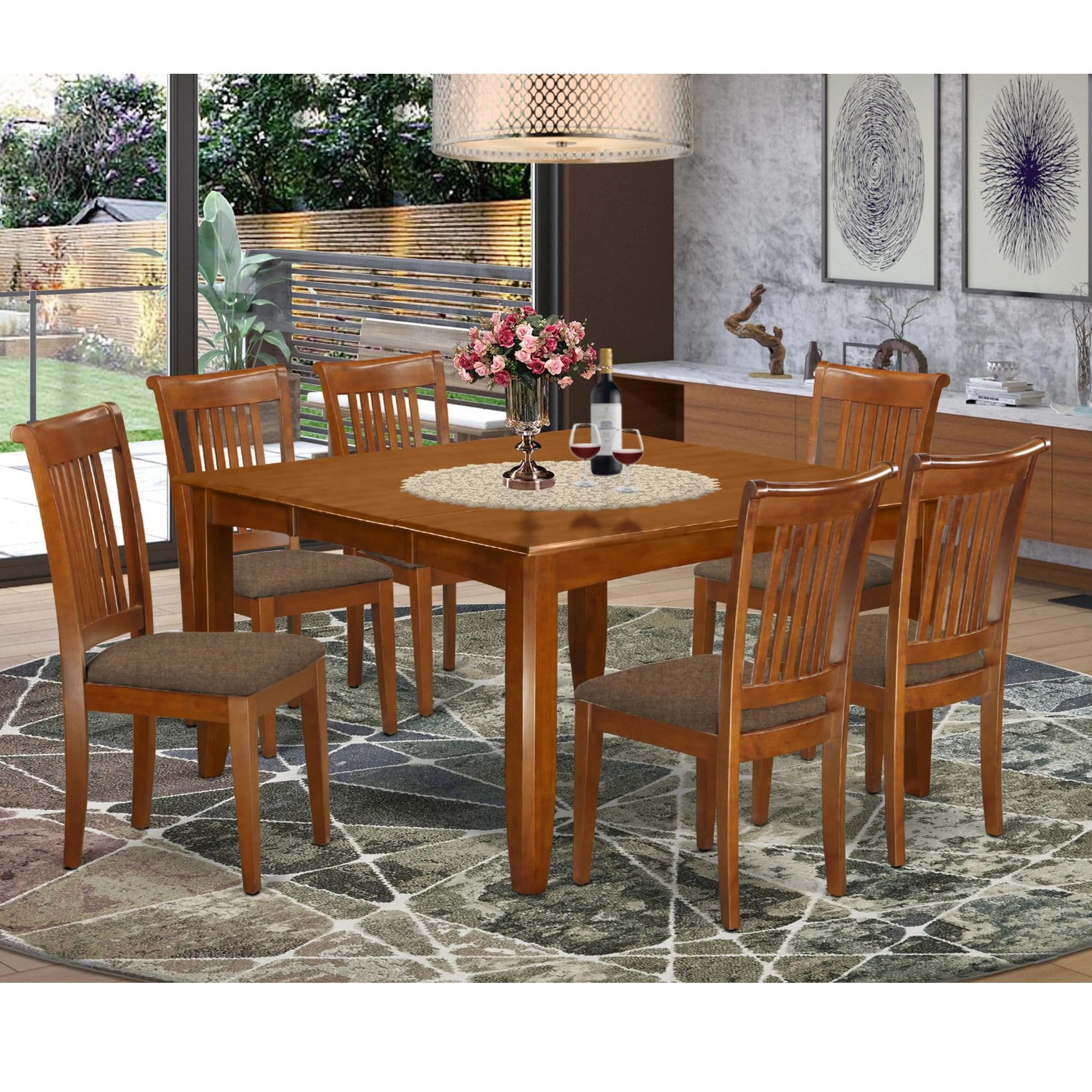 East West Furniture PFPO7-SBR-C 7 Piece Dining Room Table Set Consist of a Square Wooden Table with Butterfly Leaf and 6 Linen Fabric Kitchen Dining Chairs, 54x54 Inch, Saddle Brown