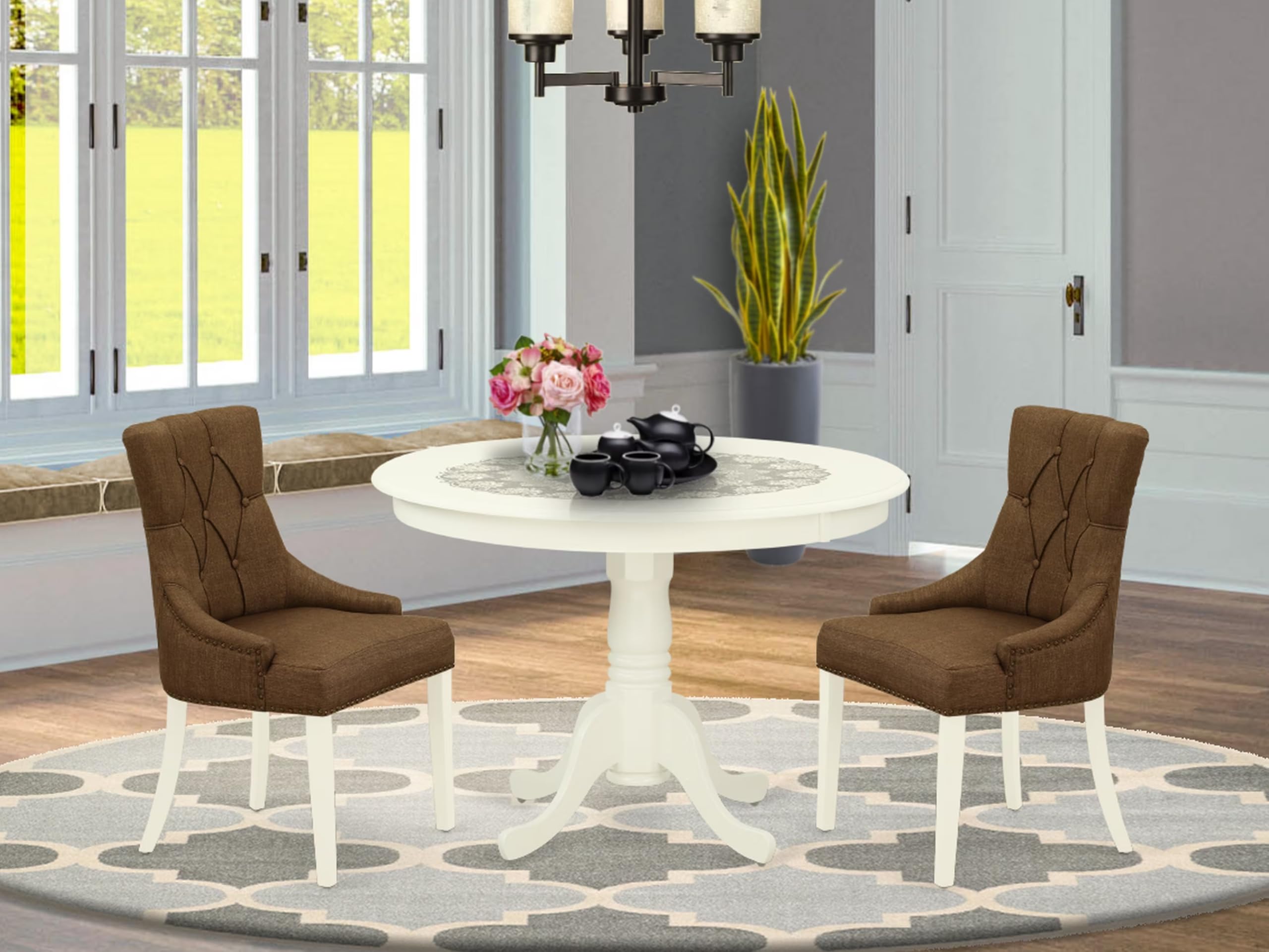East West Furniture Hlfr3-Lwh-18 3 Piece Kitchen Table & Chairs Set Contains A Round Dining Room Table With Pedestal And 2 Brown Linen Linen Fabric Parson Chairs, 42X42 Inch, Linen White