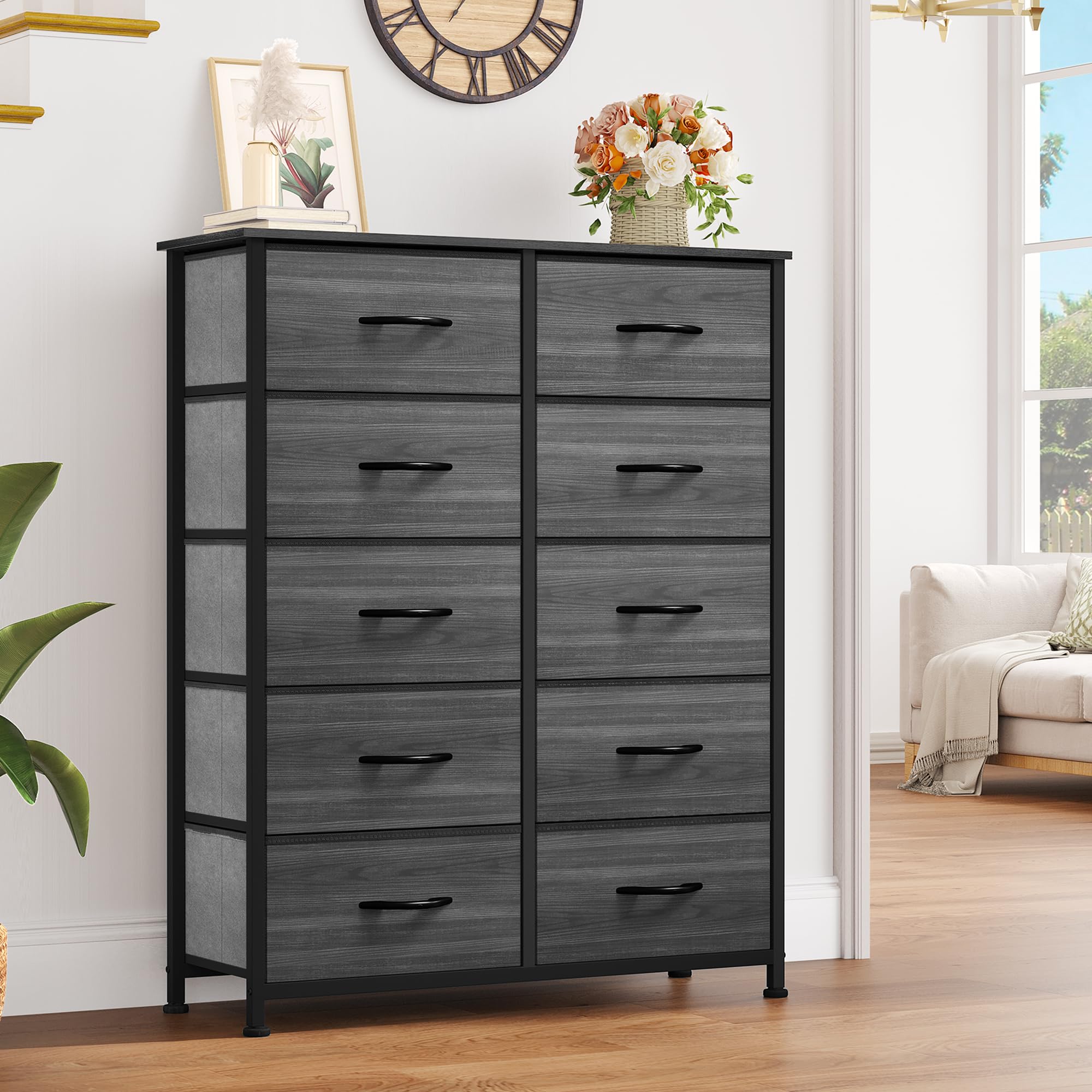 Yitahome 10 Drawer Dresser - Fabric Storage Tower, Organizer Unit For Living Room, Hallway, Closets - Sturdy Steel Frame, Wooden Top & Easy Pull Fabric Bins (Black Wood Grain)