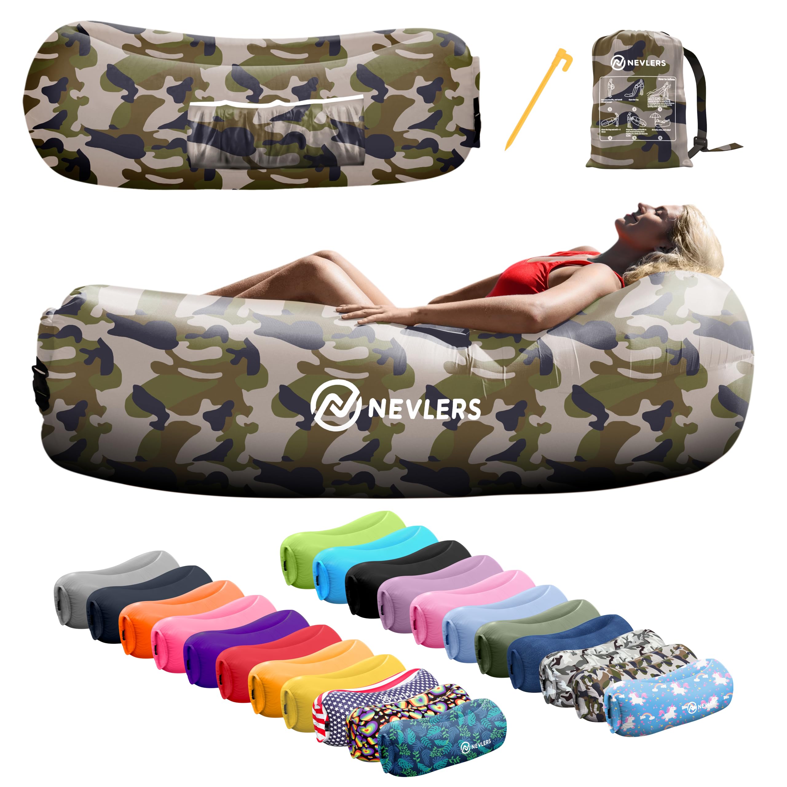 Nevlers Camo Inflatable Lounger | 210T Polyester Air Couch | No-Pump Blow Up Couch | Air Sofa w/ 450 lbs. Capacity, Pockets & Ma