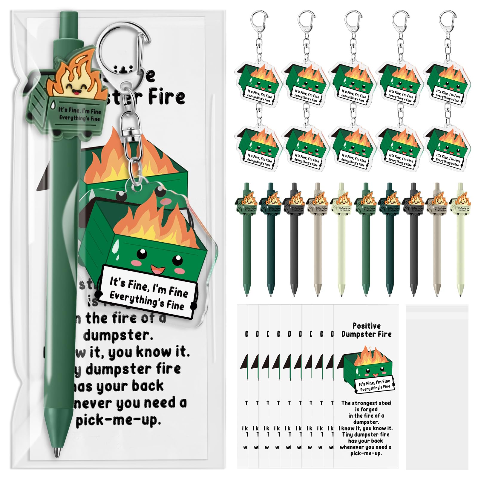 Sayglossy 10 Sets Dumpster Fire Pen Gifts for Coworker Positive Funny Pens Dumpster Fire Desk Accessories Acrylic Keychains Book