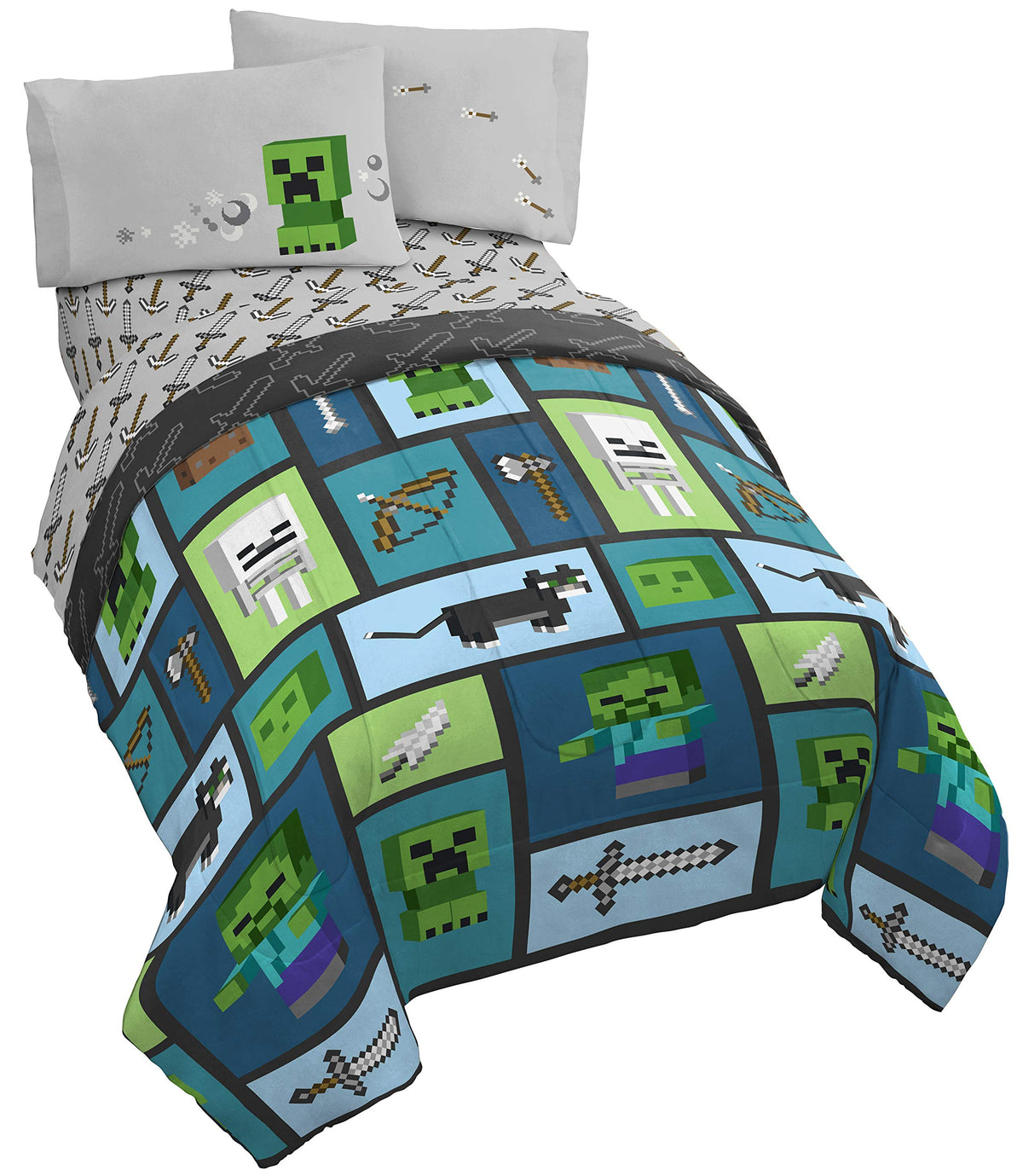 Jay Franco Minecraft Chibi College 5 Piece Full Bed Set - Includes Reversible Comforter & Sheet Set - Bedding Features Creeper &