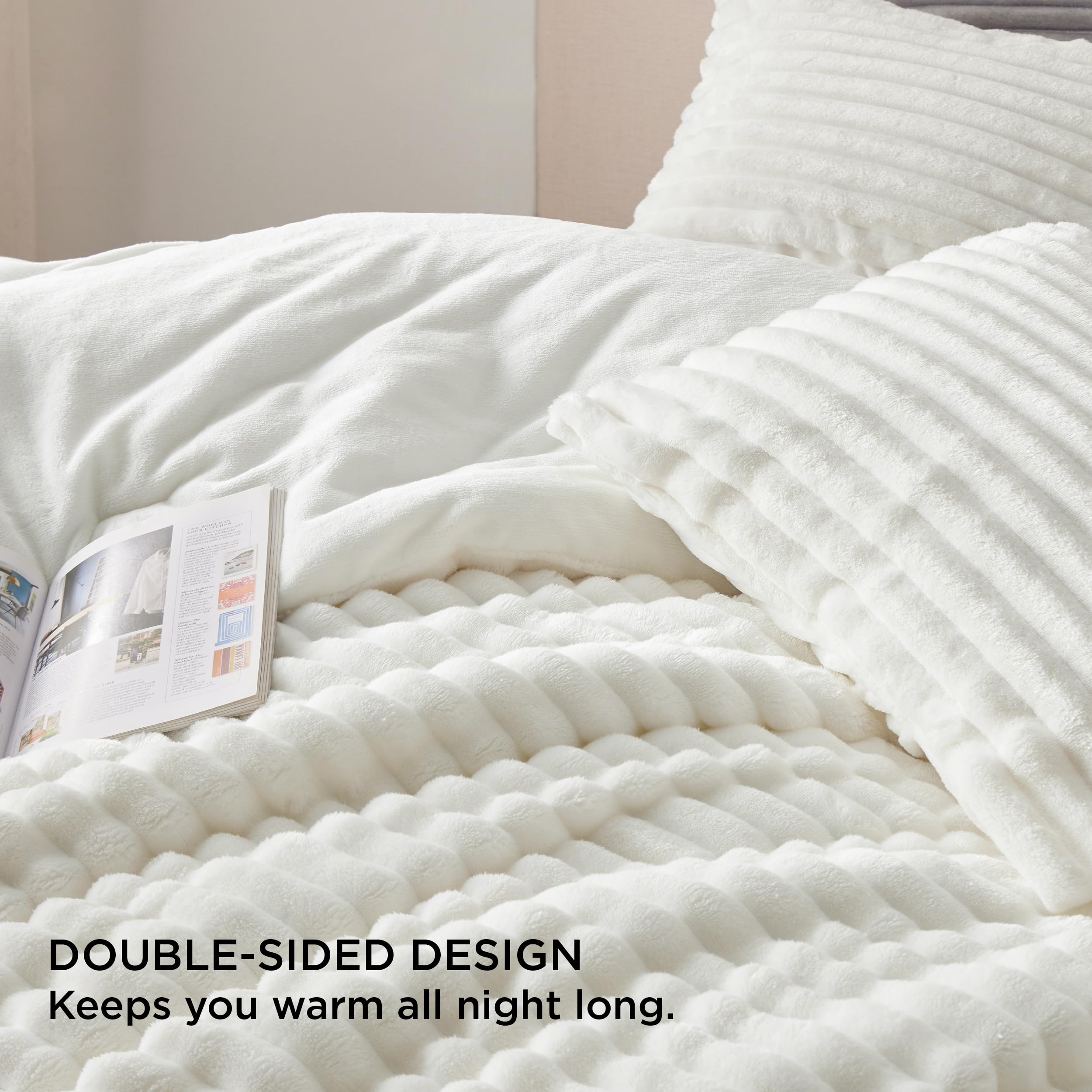 Bedsure Fluffy Comforter Set King Size - Super Soft Faux Fur Bed Set Cream White, Winter Warm Plush Fleece Bedding, 3 Pieces, 1 Shaggy Fuzzy King Comforter With 2 Pillowcases