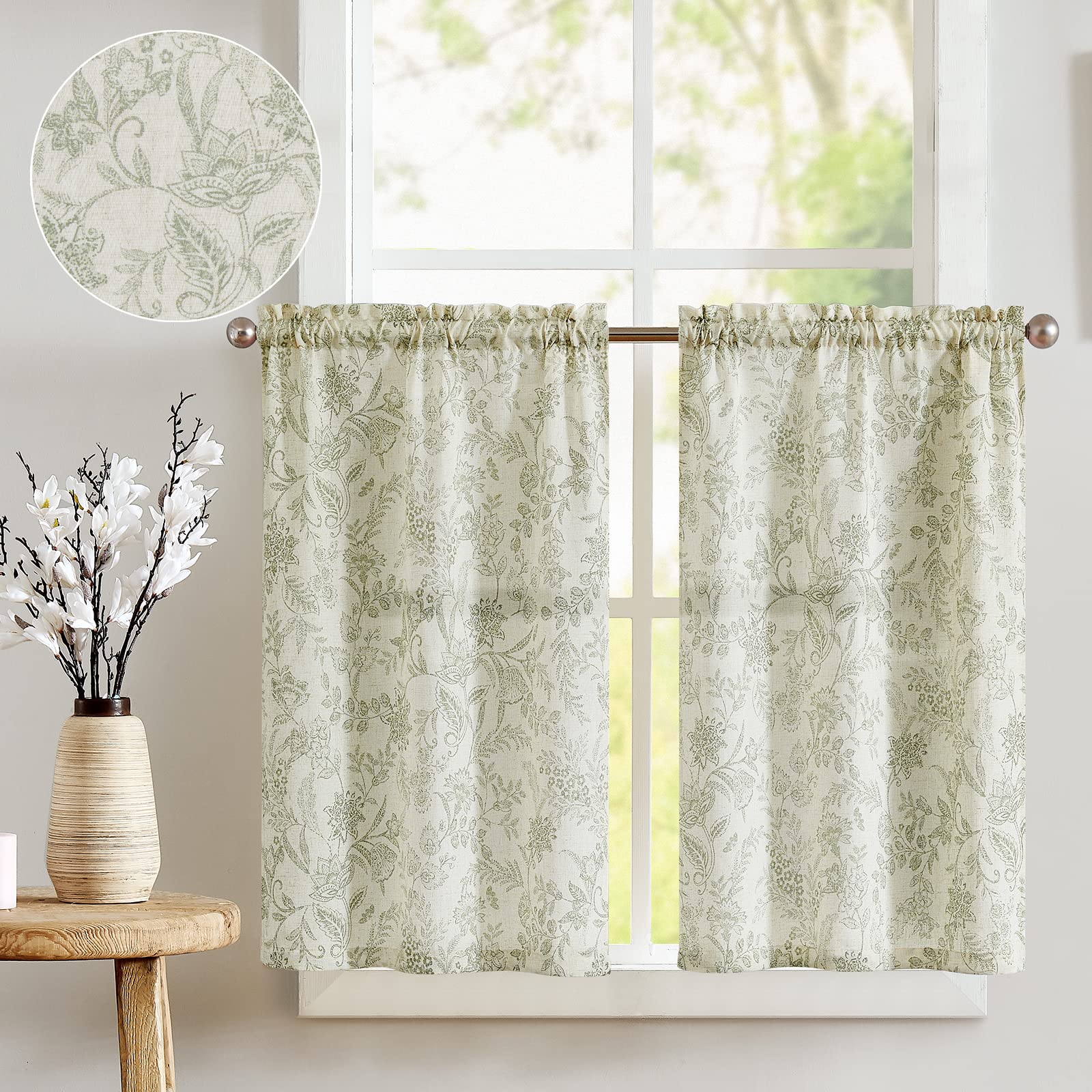 jinchan Floral Kitchen Curtains 36 Inch Linen Tier Curtains Farmhouse Cafe Curtains Country Botanic Small Window Curtains Rod Po