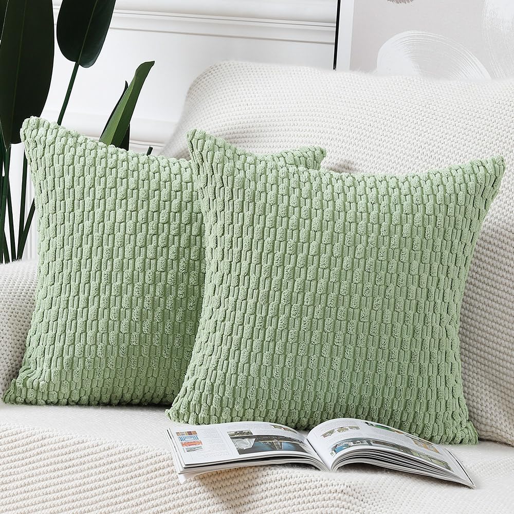 Madizz Pack Of 2 Boho Corduroy Striped Throw Pillow Covers 26X26 Inch Light Green Soft Decorative Cushion Cover For Bedroom Sofa