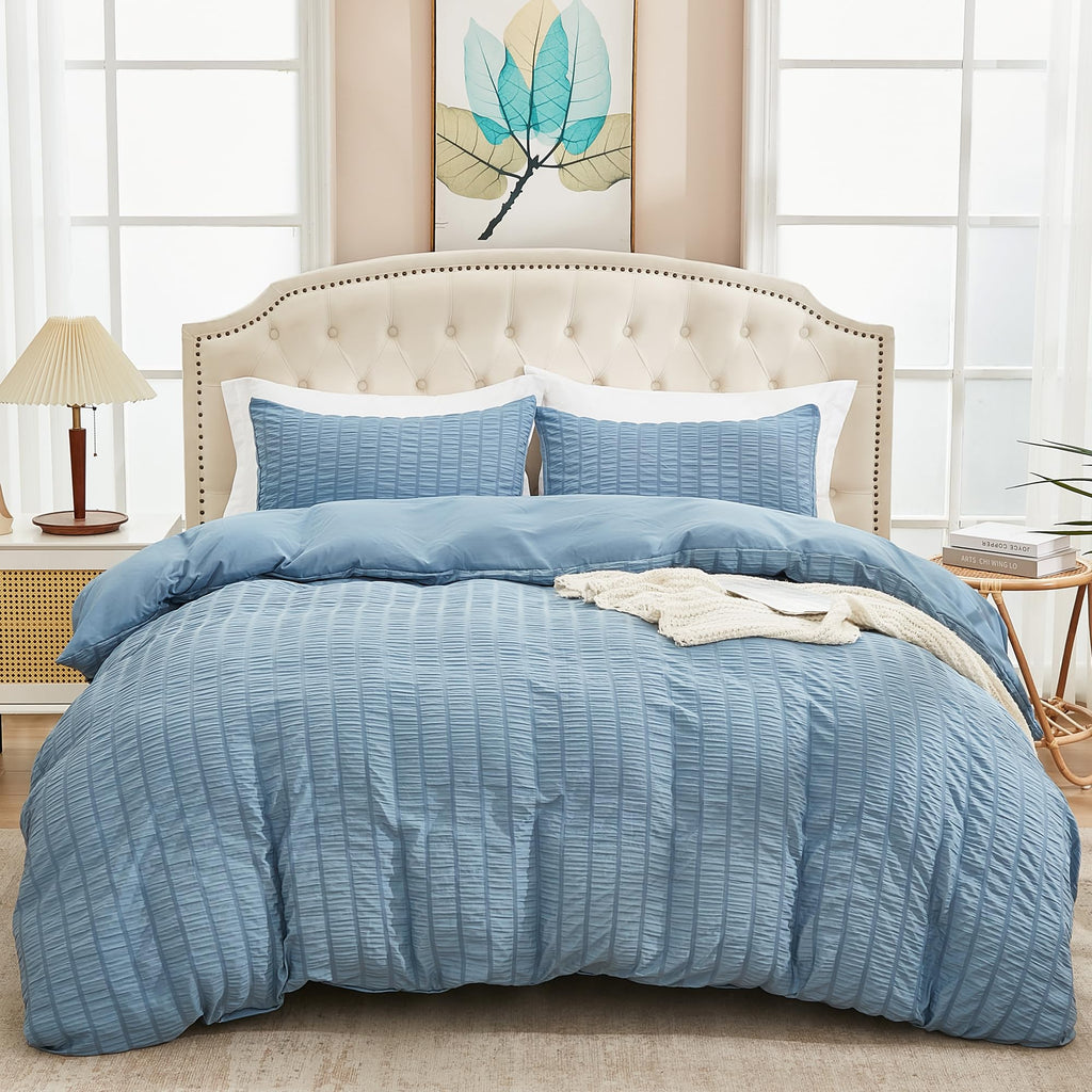 Avelom Grayish Blue Duvet Cover Cal King(104 X 98 Inches), 3 Pieces (1 Duvet Cover, 2 Pillowcases), Seersucker Striped Soft Wash