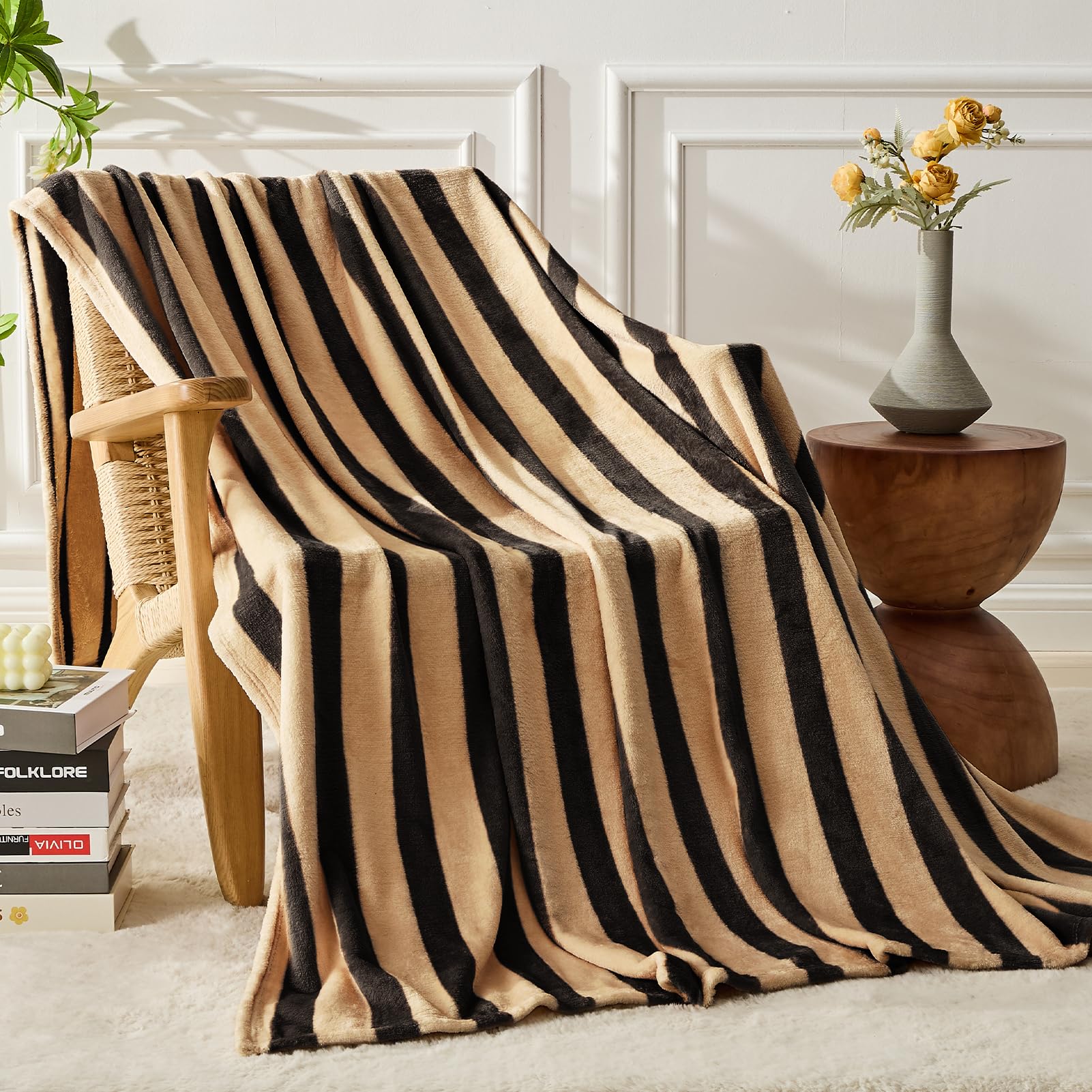 Fy Fiber House Striped Flannel King Blanket - Soft Cozy Striped Blanket For Couch, Sofa, Or Bed - 90'X108', Black Brown, All S