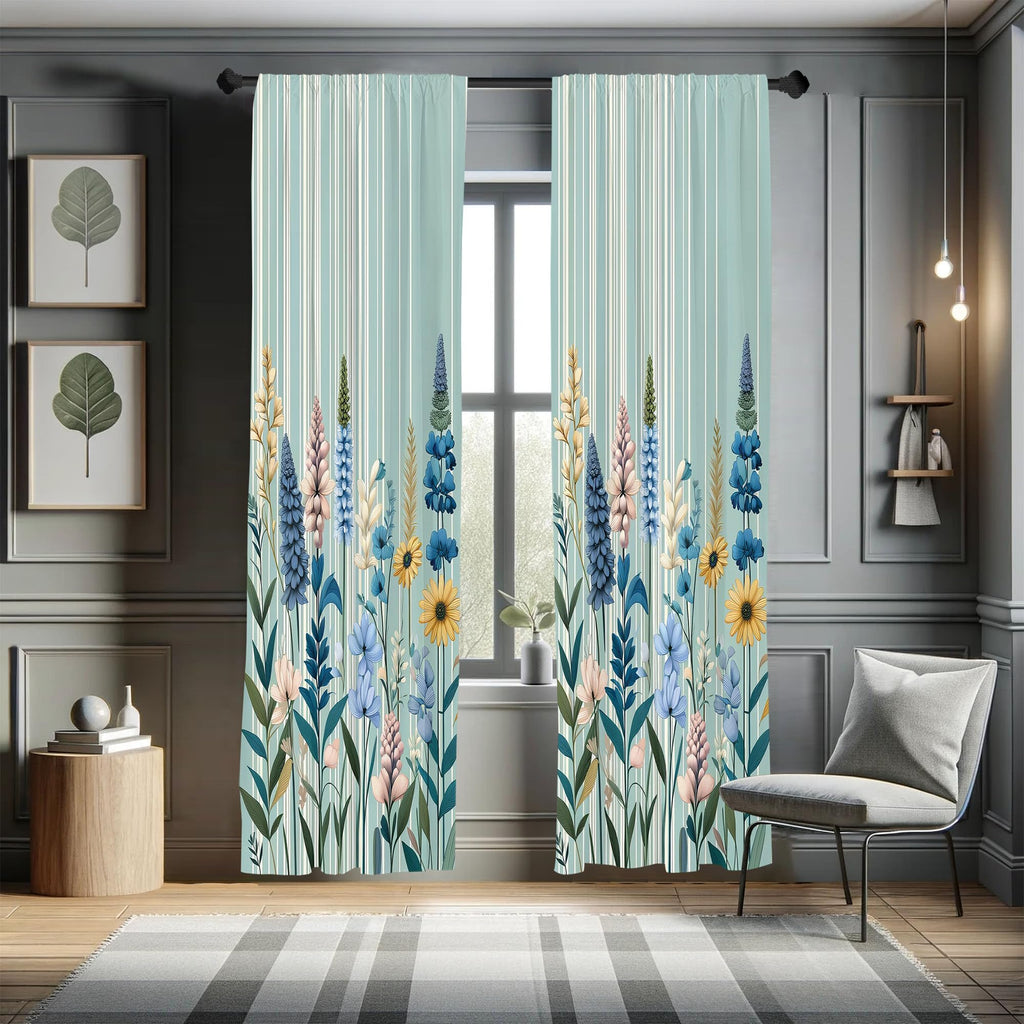 Ambesonne Spring Window Curtains, Modern Garden with Leafy Lavenders and Daisy Huddle with Boho Stripes, Lightweight Decor 2-Pan