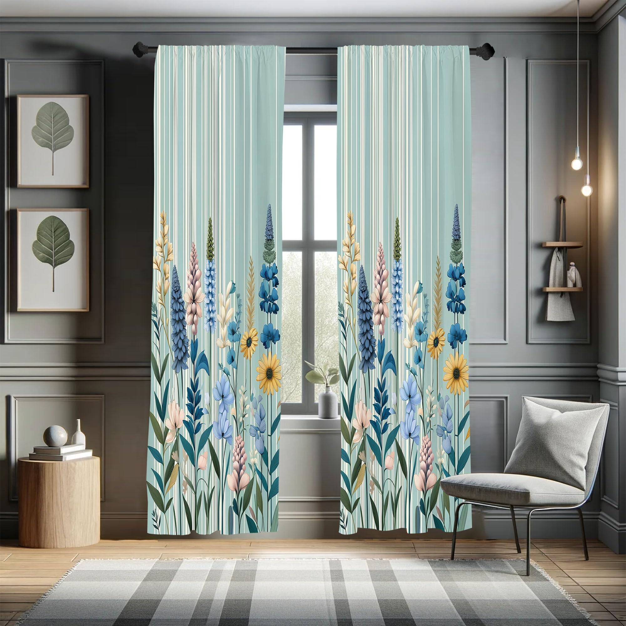 Ambesonne Spring Window Curtains, Modern Garden with Leafy Lavenders and Daisy Huddle with Boho Stripes, Lightweight Decor 2-Pan