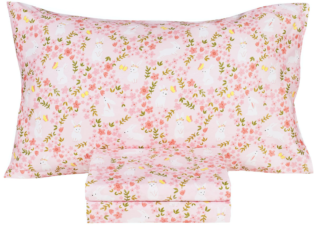 Scientific Sleep Pink Flower Rabbit Bunny 100% Cotton 3 Pcs Twin Bed Sheet Set Kids Toddler Teen, Flat Sheet & Fitted Sheet & Pi