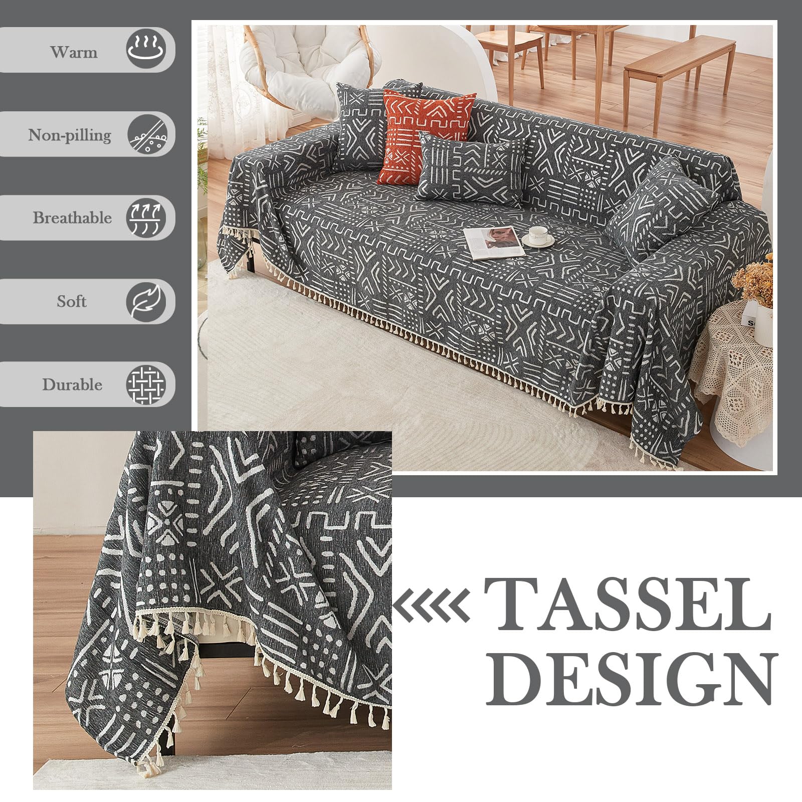 Handontime Black White Boho Sofa Cover Geometric Farmhouse Tassel Couch Covers Boho Living Room Décor Dog Sofa Covers For Slipcover Aesthetic Couch Cushion Cover Couch Protector For Dogs, 71' X134'