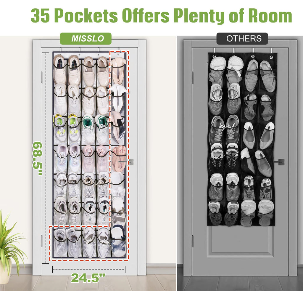 MISSLO Over The Door Shoe Organizer - 35 Clear Pockets, Sturdy Oxford Fabric, White Hanging Shoe Rack for Closet Storage