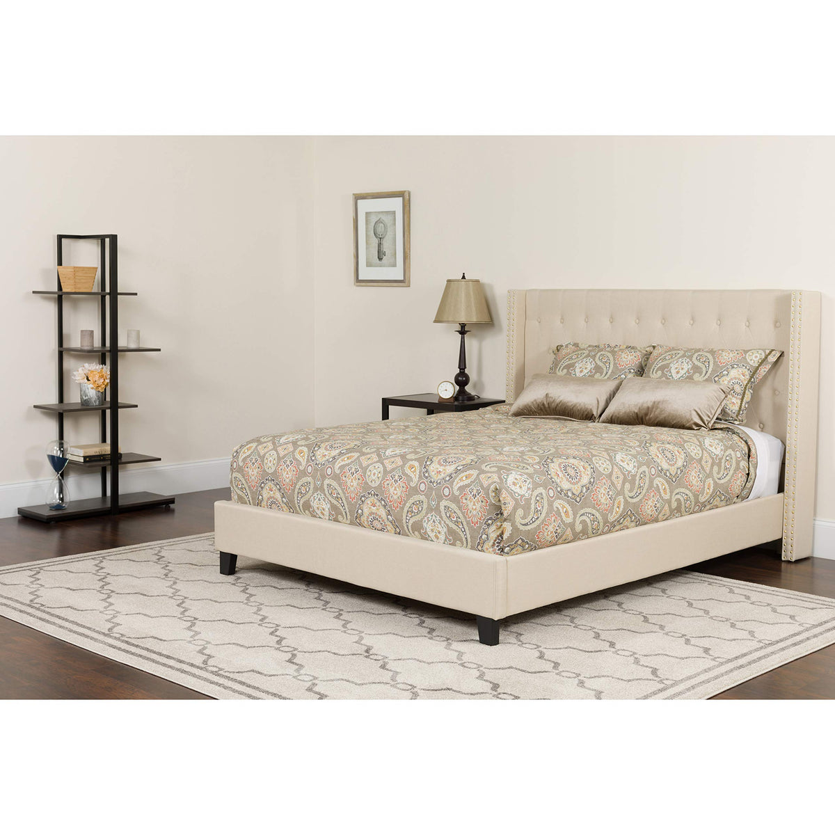 Flash Furniture Riverdale Queen Size Tufted Upholstered Platform Bed in Beige Fabric with Memory Foam Mattress