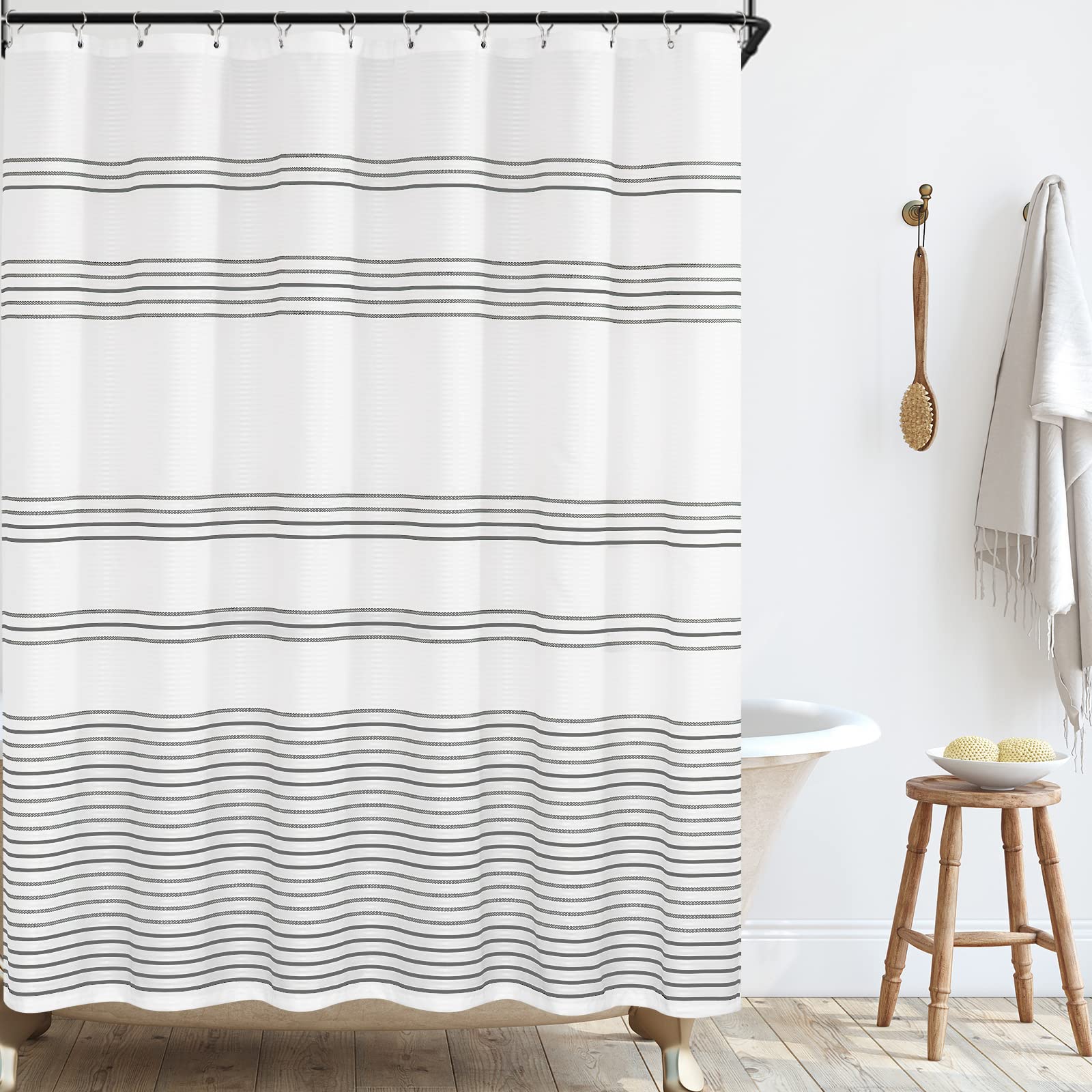 jinchan White Shower Curtain with Grey Stripe Fabric Shower Curtain for Bathroom Modern Striped Shower Curtain Spring Waterproof