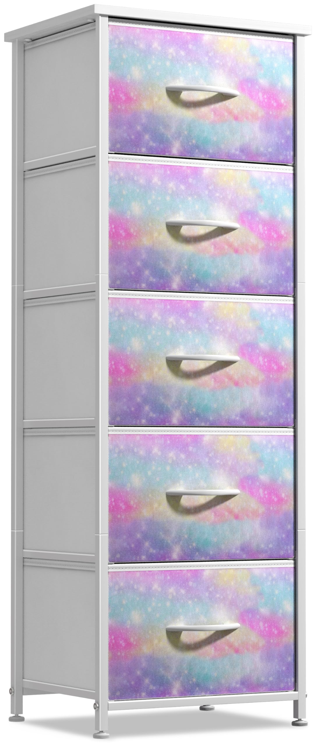 Sorbus Kids Dresser with 5 Drawers - Storage Chest Organizer Nightstand - Steel Frame, Wood Top, Tie-Dye Fabric Bins for Clothes