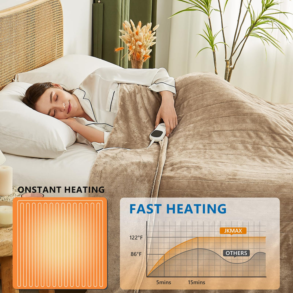 Jkmax Electric Heated Heating Blanket - Heated Bed Blanket 10 Heating Levels 8 Hours Auto Off Fast Heating Etl Certified Electri