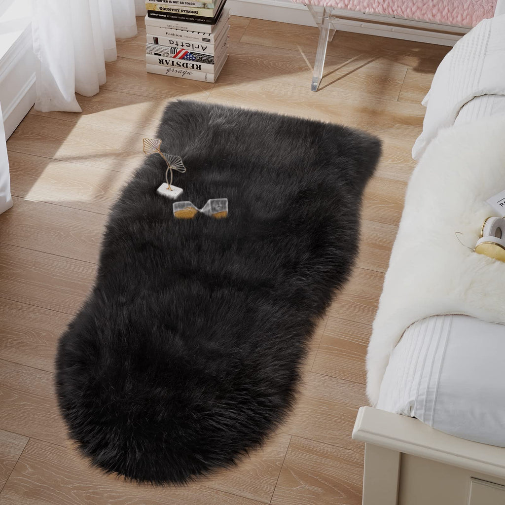 Small Faux Fur Rug, 2X4 Ft Ultra Soft Sheepskin Rug Chair Sofa Cover Seat Pad, Black Fluffy Shag Rug For Bedroom Nursery Kids Ro