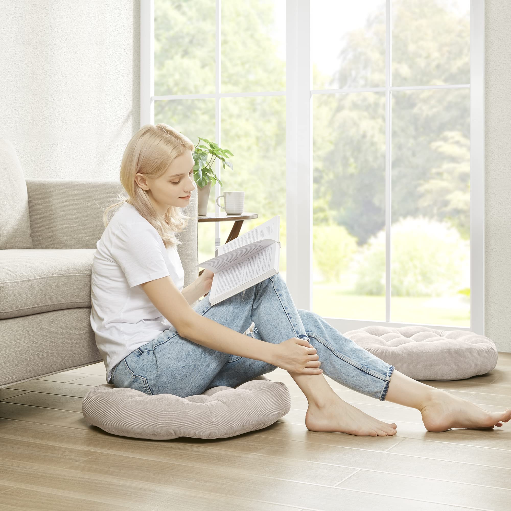 Meditation Floor Pillow Set Of 2, Round Large Pillows Seating For Adults, Tufted Corduroy Thick Cushion For Living Room Tatami, Turquoise, 22 Inch'2 Count (Pack Of 1)