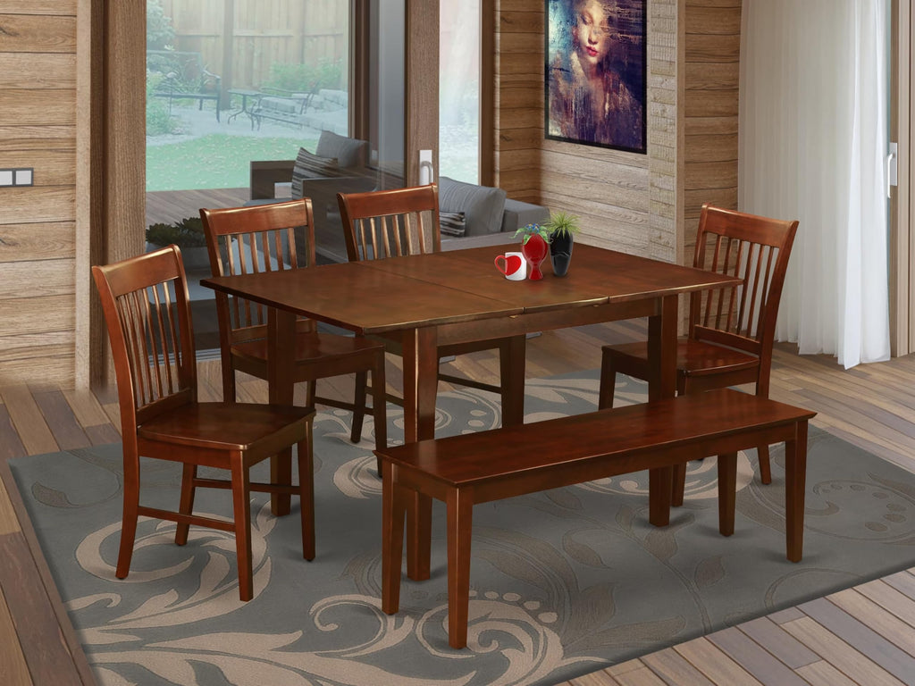 East West Furniture MLNO6C-MAH-W 6 Piece Kitchen Table & Chairs Set Contains a Rectangle Dining Room Table with Butterfly Leaf and 4 Dining Chairs with a Bench, 36x54 Inch, Mahogany