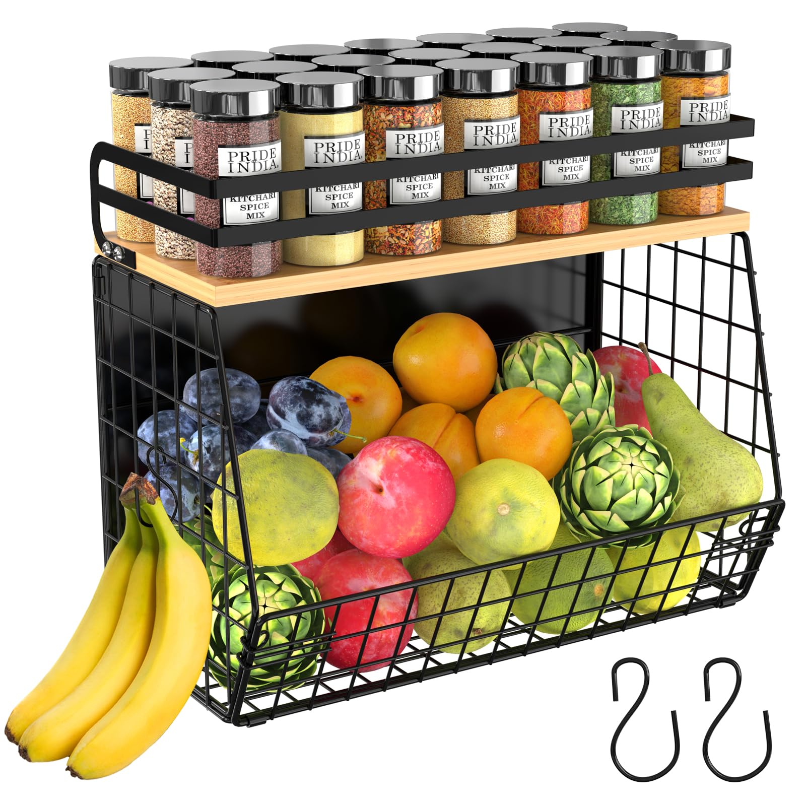 Heavy Duty Magnetic Shelf For Fridge With Wood Lid, Fruit Potato & Onion Storage Bins, Magnetic Spice Rack For Refrigerator, Pan