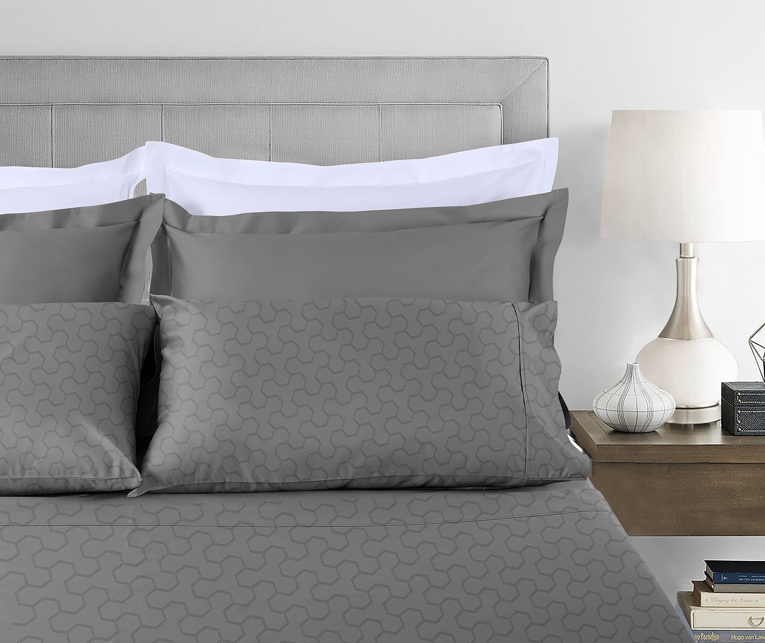 Threadmill 500 Thread Count Full Size 4 Pc Luxury Cotton Sheet Set, Jacquard Floria Dark Grey, Silky Smooth Sheets With 16'' Ela