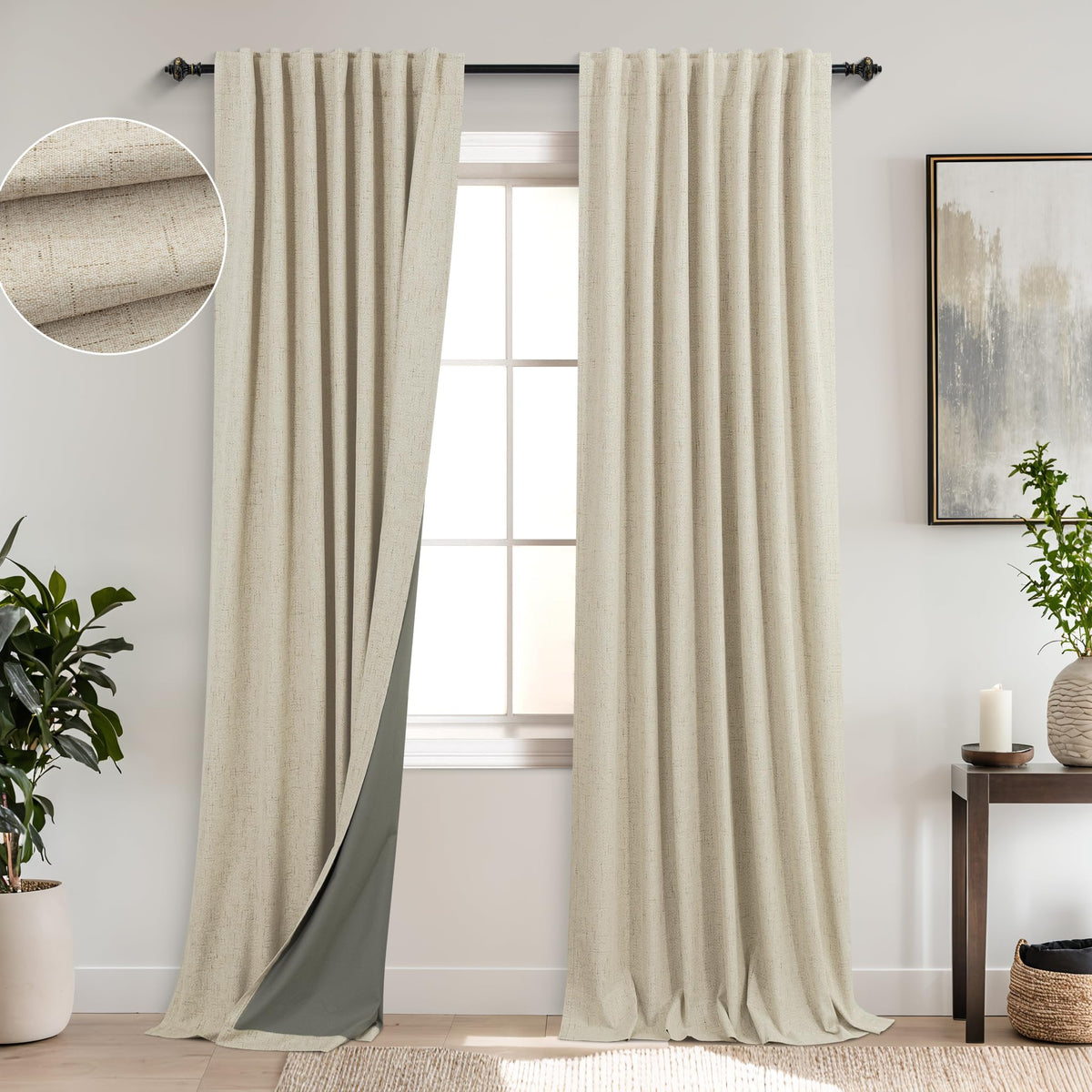 Koufall Beige Curtains 84 Inch Length 2 Panels Set For Bedroom,Blackout Linen Textured Back Tab Pleated Black Out Curtains 84 In