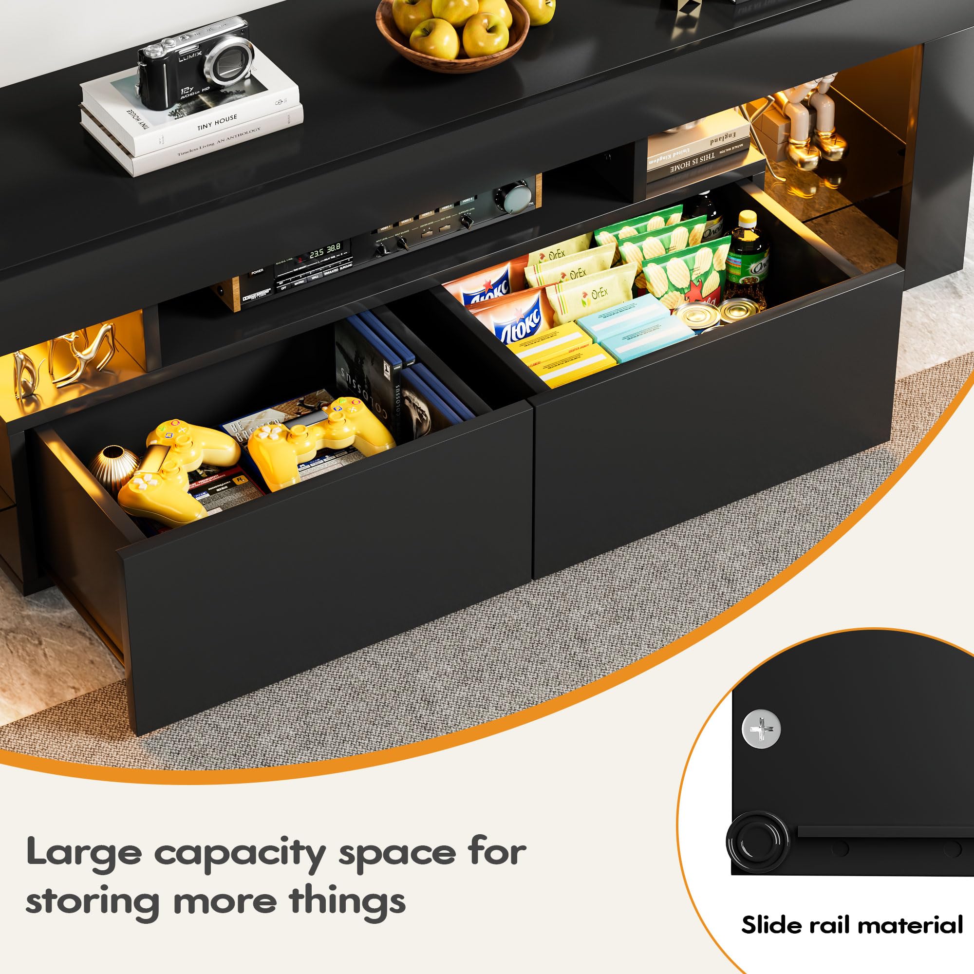 Yeshomy Modern Led Tv Stand For Televisions Up To 70 Inch With Glass Shelves And Drawer, Gaming Entertainment Center With Multiple Dynamic Rgb Modes, For Livingroom, Bedroom, 60 Inch, Black
