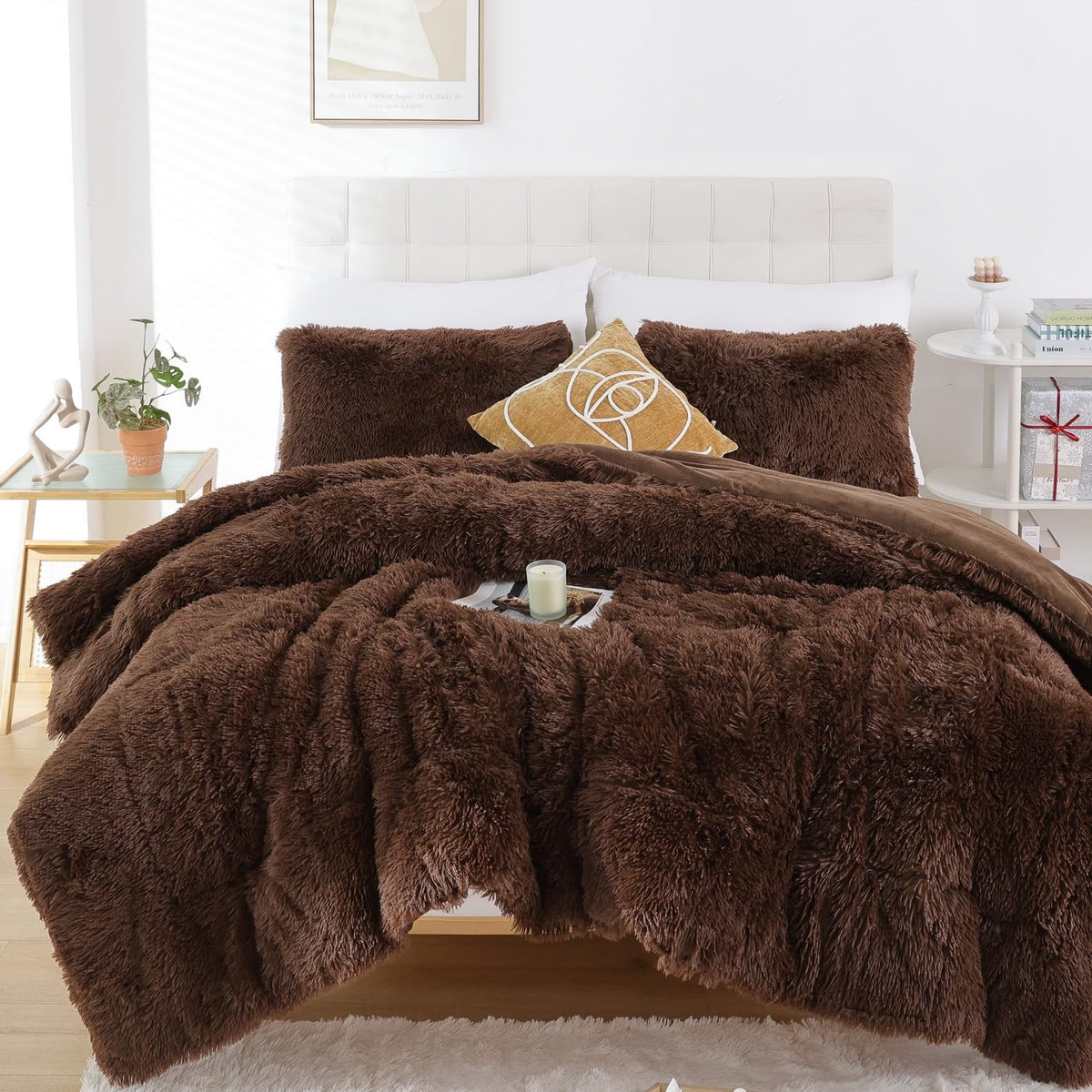 Smoofy Faux Fur Coffee Comforter Set Queen Size 3Pcs Fluffy Fuzzy Plush Comforter Set Cute Soft Shaggy Velvet Double-Sided Beddi