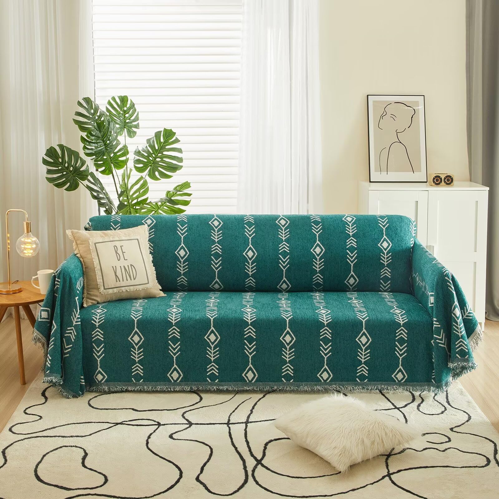 Vclife Boho Sofa Cover Thick Sectional Sofa Slipcover Chenille Couch Cover For 3-4 Cushion Couch Sofa Green White Herringbone Pl