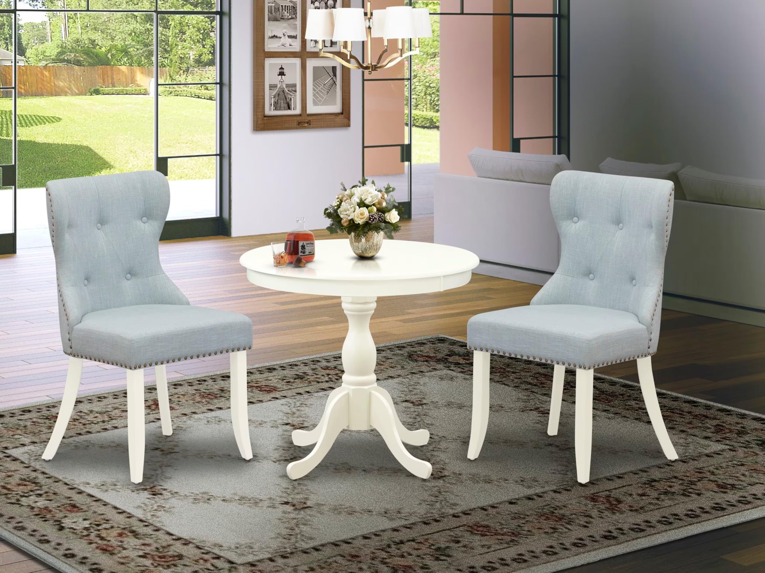 East West Furniture AMSI3-LWH-15 3 Piece Dining Table Set for Small Spaces Contains a Round Kitchen Table with Pedestal and 2 Baby Blue Linen Fabric Parsons Chairs, 36x36 Inch, Linen White
