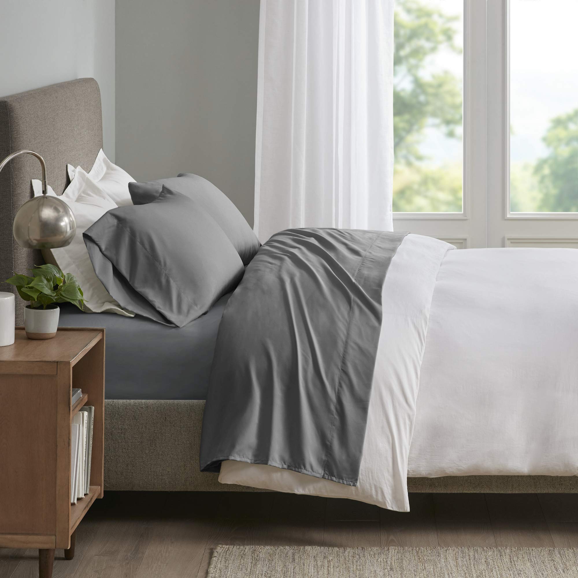 Sleep Philosophy Smart Cool Microfiber Moisture-Wicking Breathable 4 Piece Cooling Sheet Set, Cal King Size, Grey (Shet20-964)