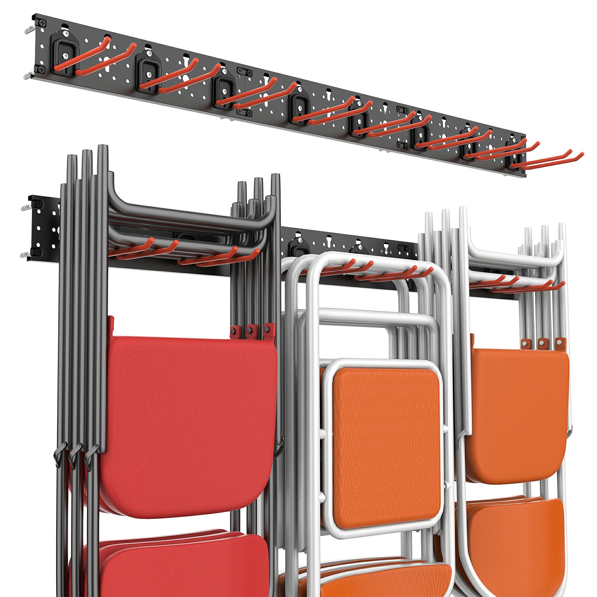 Wallmaster Wall Mount Garage Organizer Tool Storage Rack, Heavy Duty Folding Chair Hangers with 8 Adjustable Hooks, 48-inch Trac