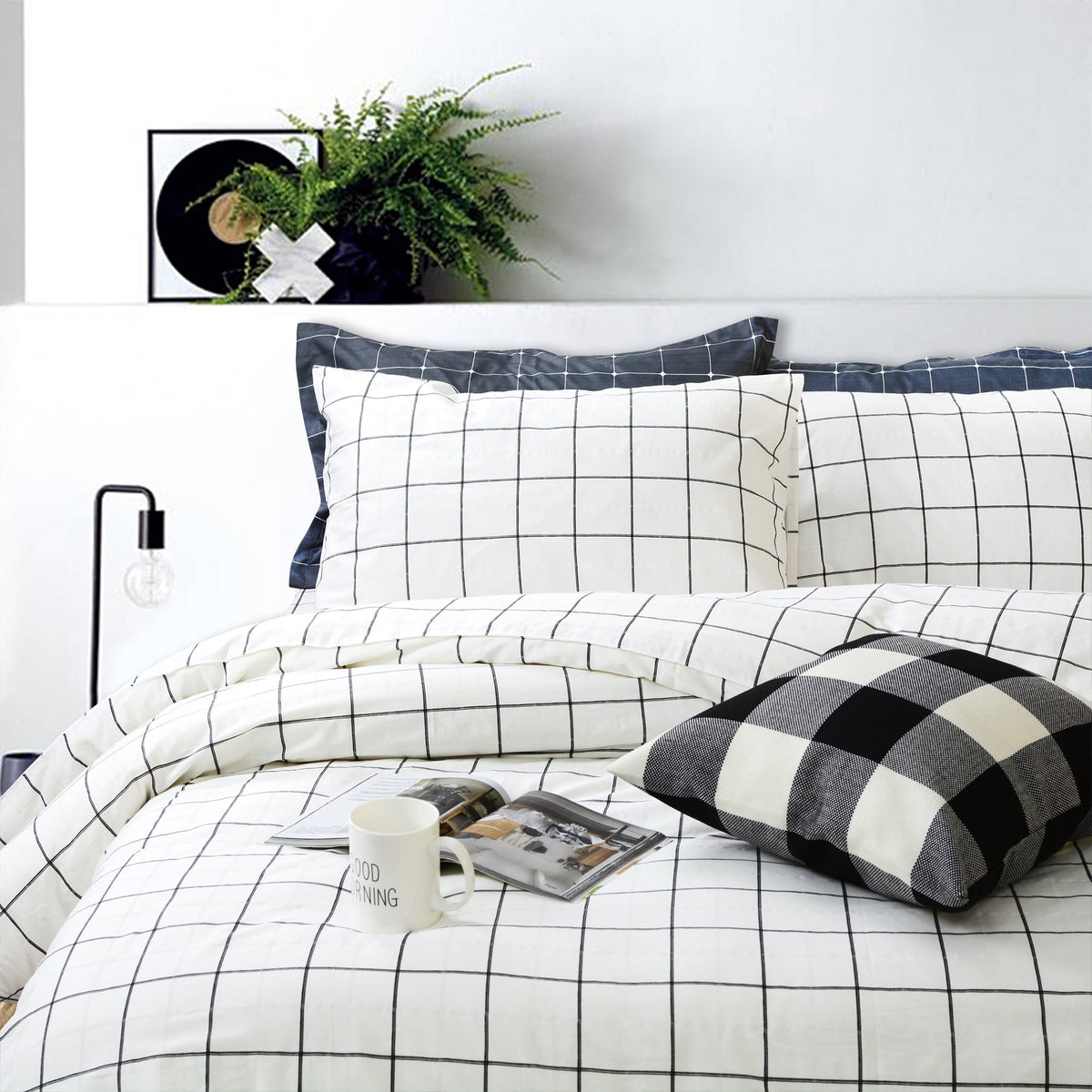 Fadfay Black And White Grid Duvet Cover Sets Lightweight Cotton Bedding Set Lattice Checkered Reversible White Duvet Cover Beddi