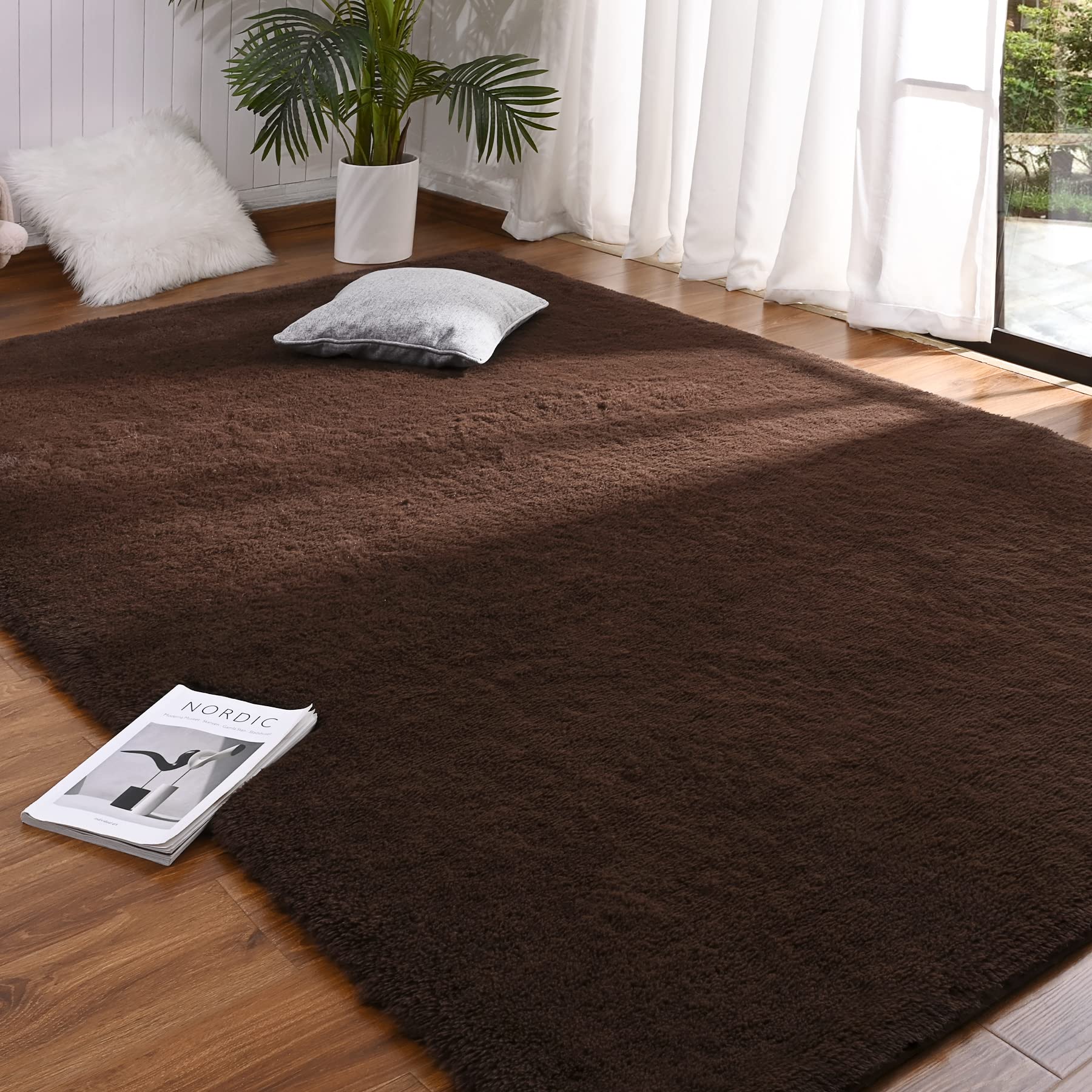DETUM Bedroom Rug Coffee 4X6 Fluffy Area Rugs for Bedroom Soft Living Room Rug Large Area Rug Washable and Nonslip Carpets Moder