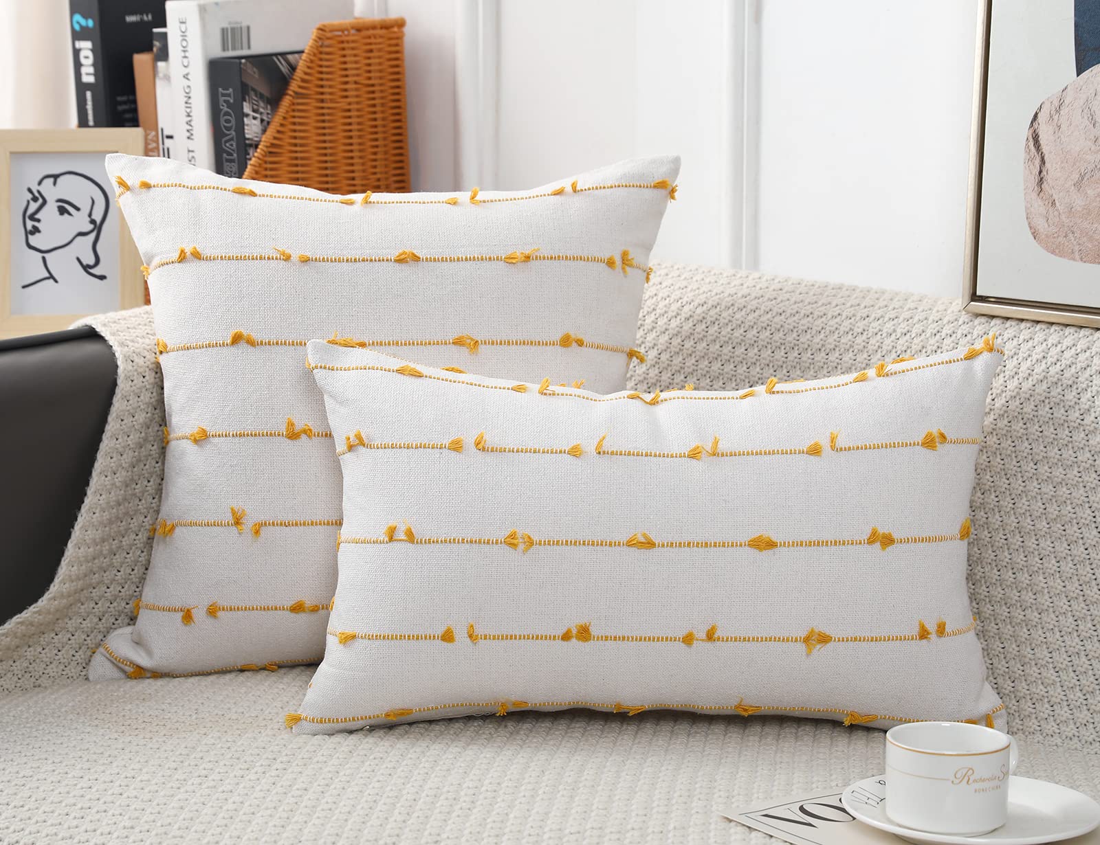 Nuyecy Set Of 2 Boho Throw Pillow Covers 28X28,Beige Yellow Neutral Couch Pillow Case With Tassel Fringe Decorative,Modern Accen