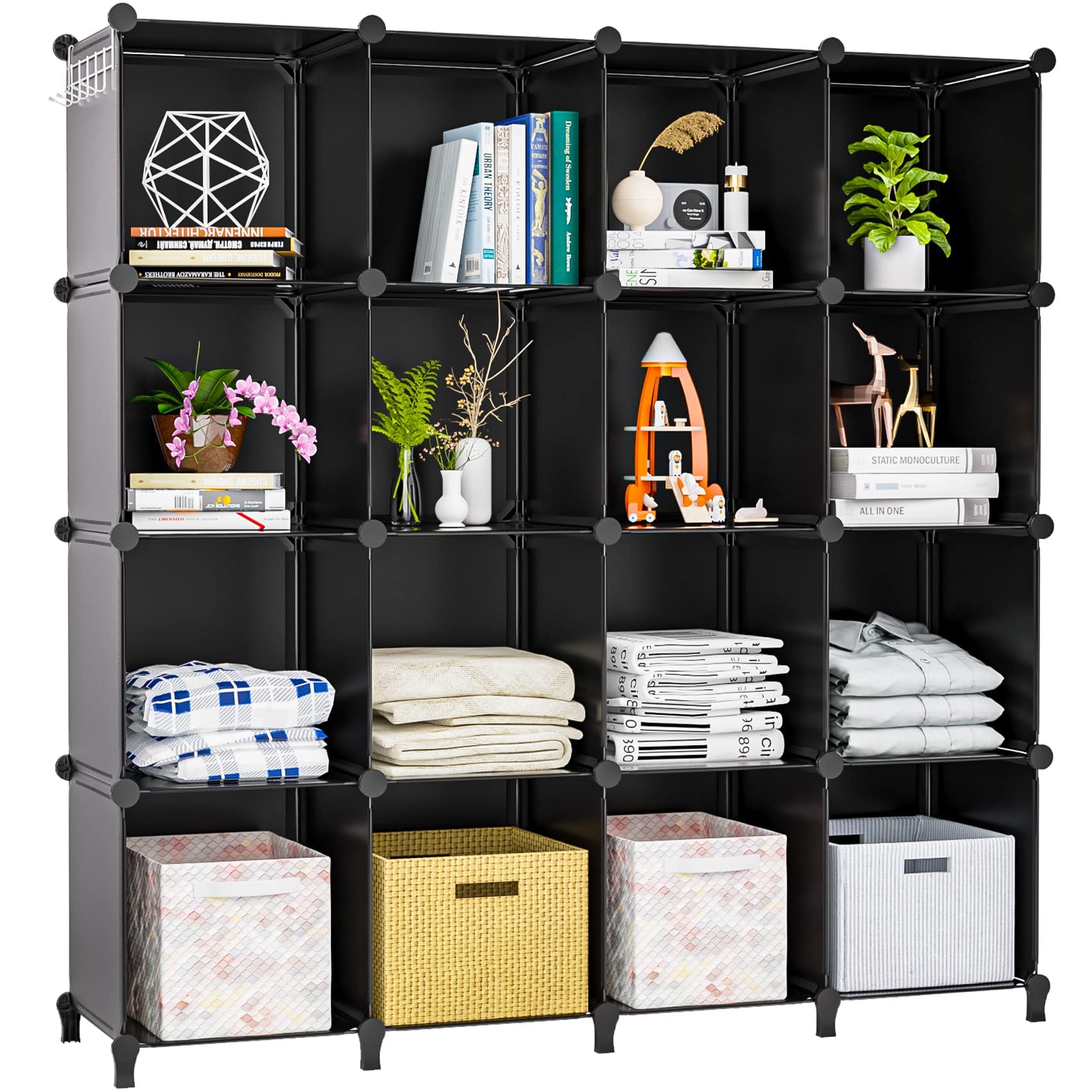 Neprock 16 Cubby Storage Organizer,Closet Clothes Storage Organizer,Cube Shelves Closet Organizers And Storage Shelves For Clothing Storage With Hammer, Bookshelf For Kids(Black)
