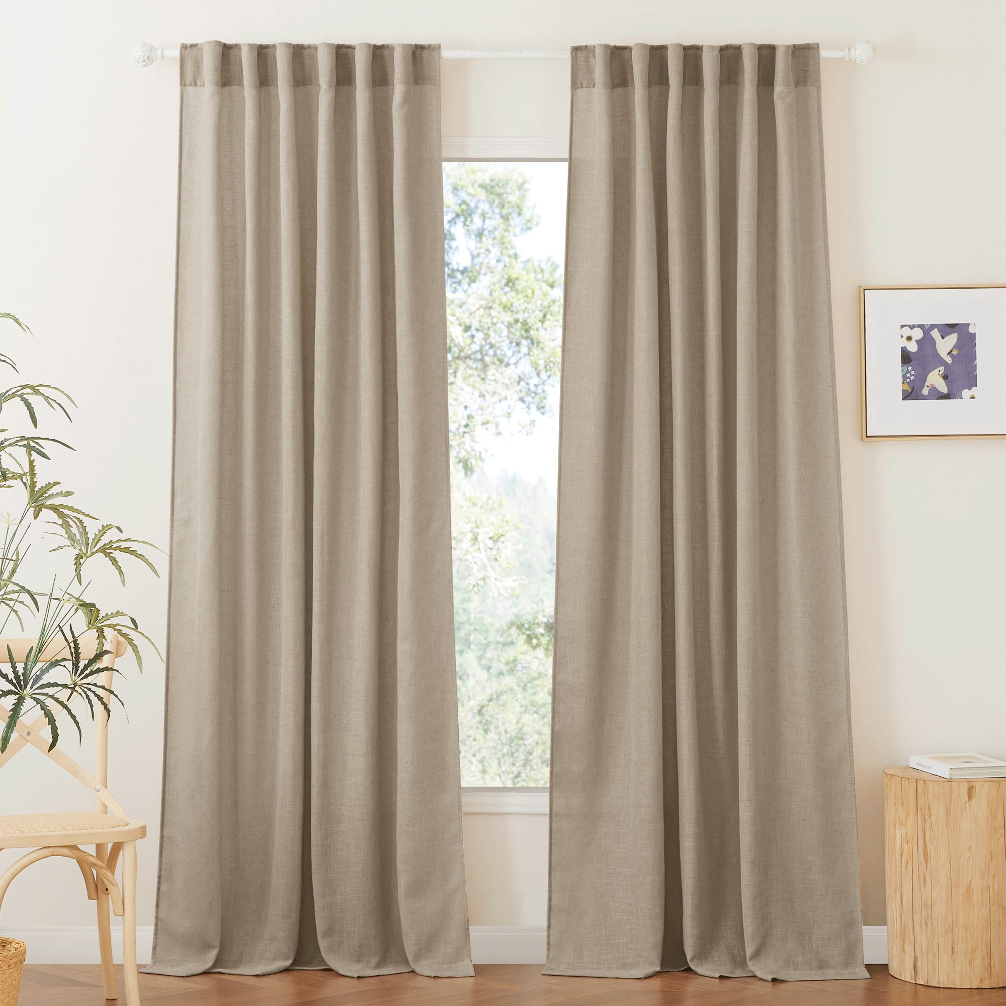 Ryb Home Sheer Linen Curtains 90 Inches Long, Rod Pocket & Back Tab Linen Blend Elegant Light Filtering Privacy Protected Panels